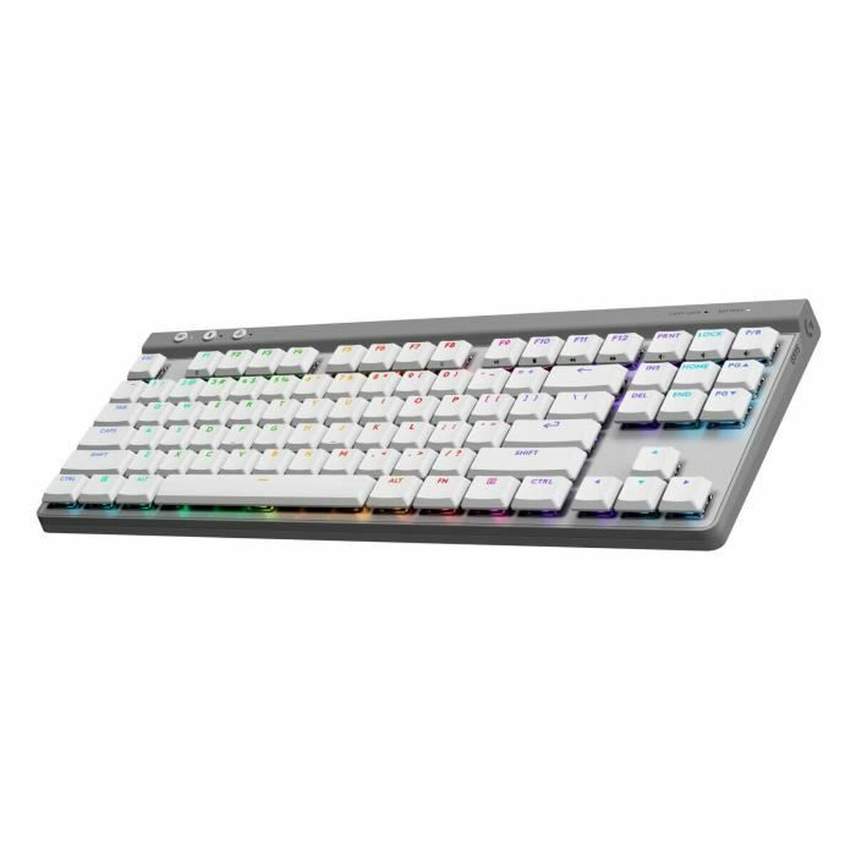 Un clavier blanc avec bordure grise et rétroéclairage RVB.