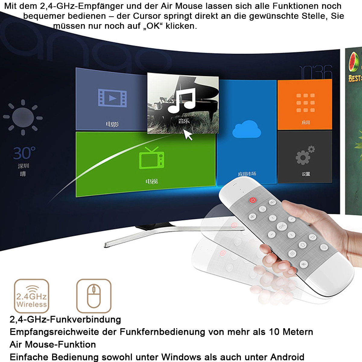 Eine Hand hält eine Fernbedienung vor einem Smart TV mit App-Symbolen.