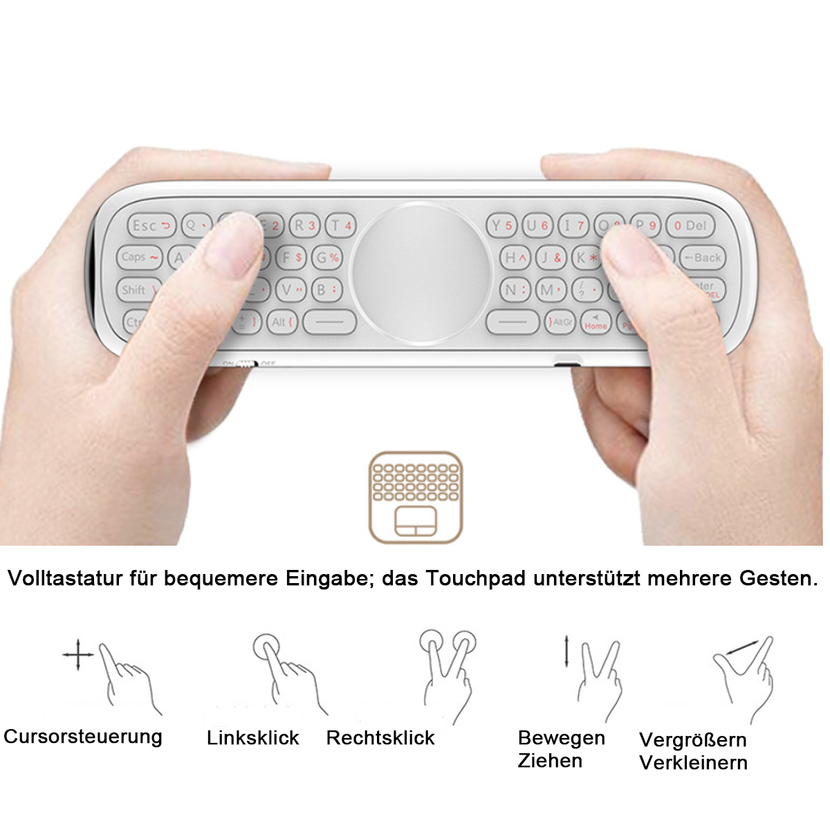 Hände bedienen eine weiße Tastatur mit Touchpad. Unten sind Gesten erklärt.