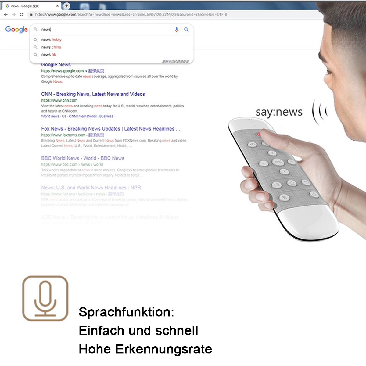 Eine Hand hält eine Fernbedienung, während eine Person spricht. Google-Suchergebnisse werden angezeigt.