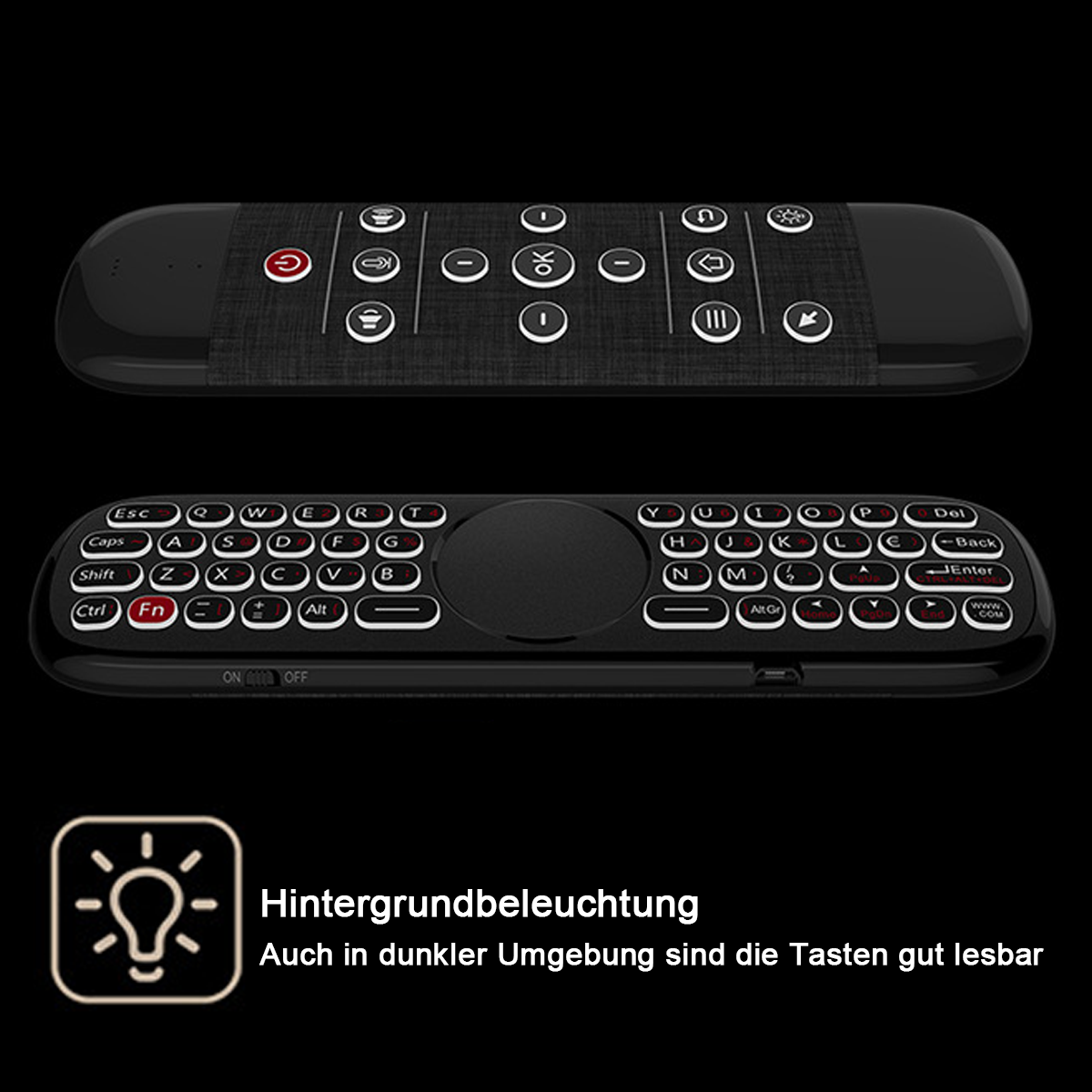 Zwei schwarze Fernbedienungen mit Tastatur und Tasten, eine mit Navigationstasten.
