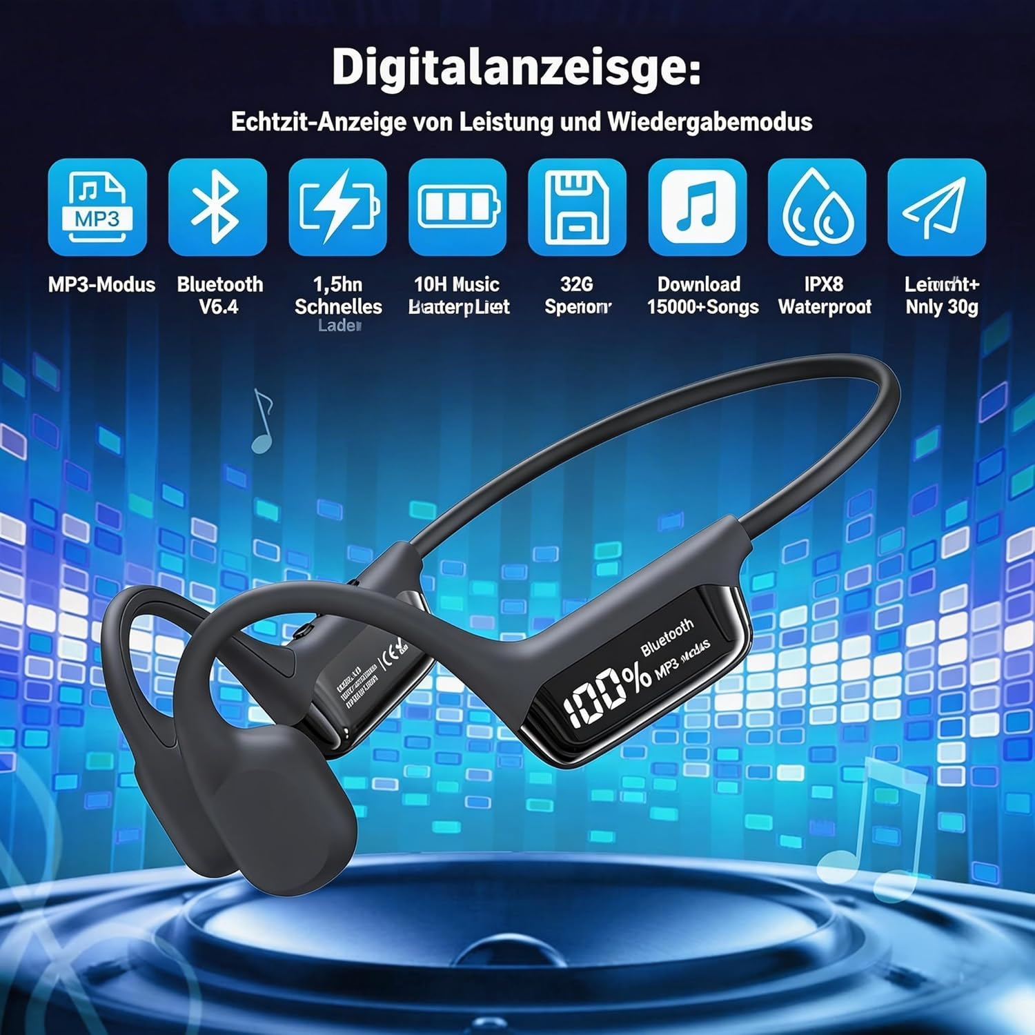 Schwarze Knochenschallkopfhörer mit Digitalanzeige: 100% Akku, MP3-Modus.