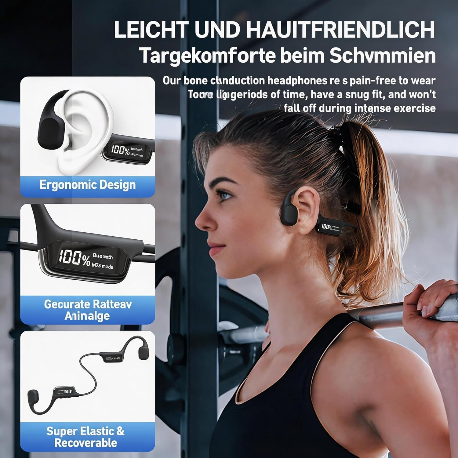 Frau beim Training mit Knochenschallkopfhörern, die ergonomisches Design zeigen.