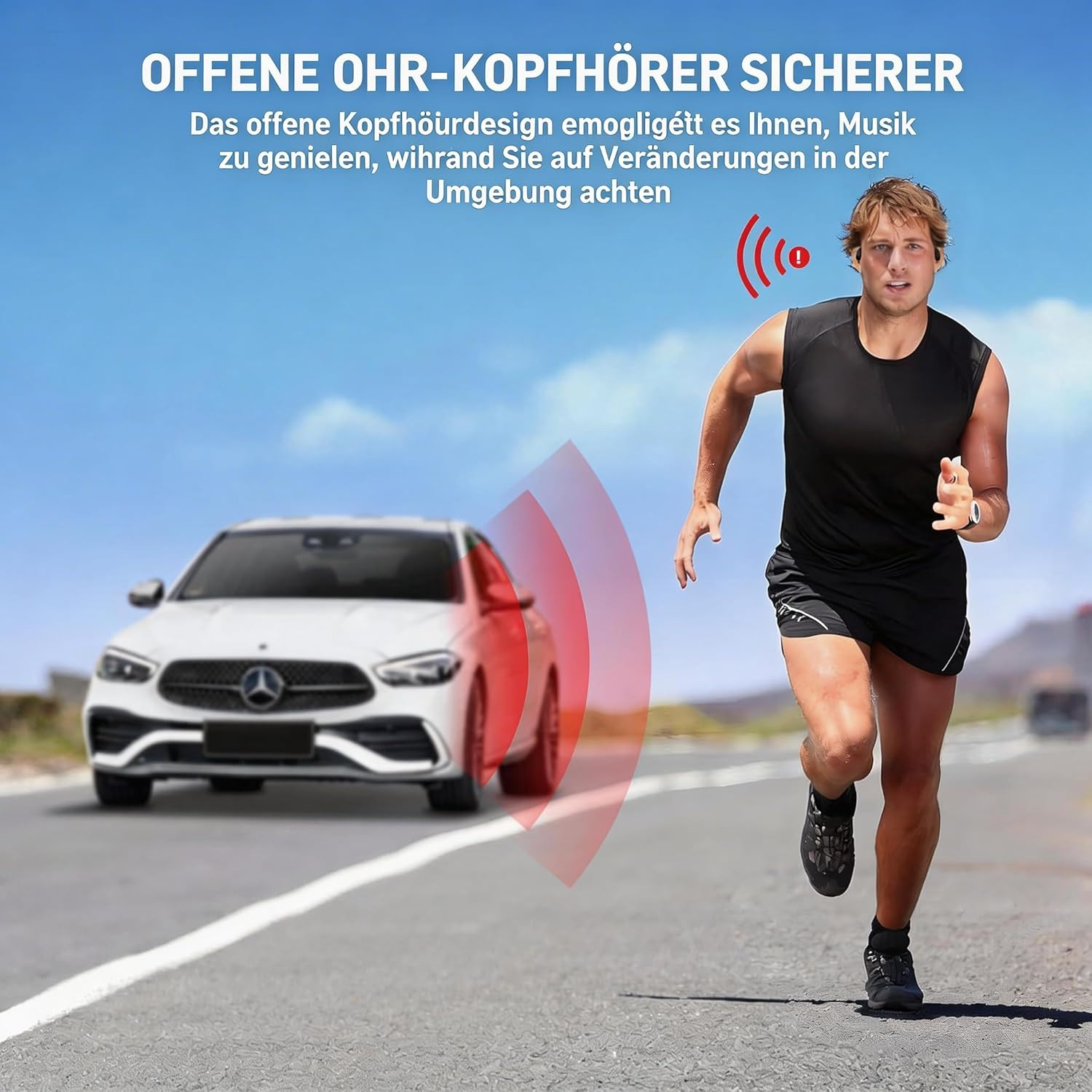 Ein Mann läuft auf einer Straße mit einem Auto im Hintergrund. Rote Wellen zeigen Geräusche.