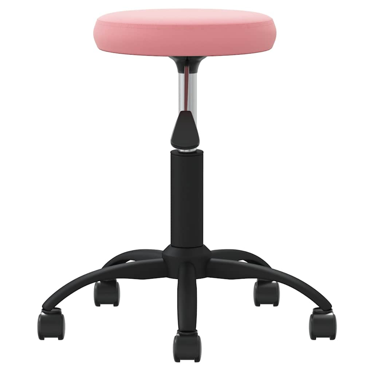 Ein rosa Hocker mit schwarzem Fuß und Rollen.