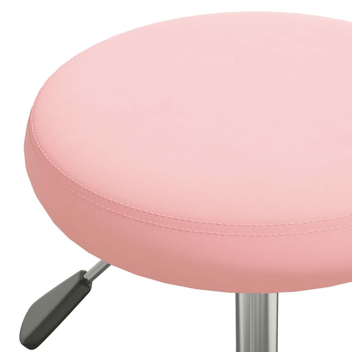 Nahaufnahme eines rosa Hockers mit Metallbein und dunkelgrauem Hebel.