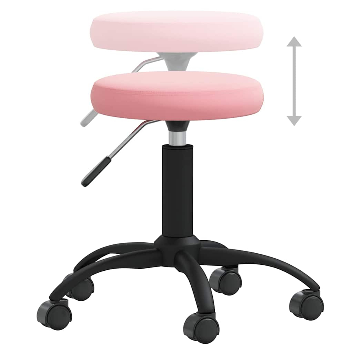 Ein pinker Hocker mit Rollen und Höhenverstellung.
