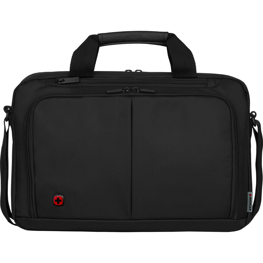 Schwarze Laptoptasche mit zwei Henkeln und einem roten Wenger-Logo.