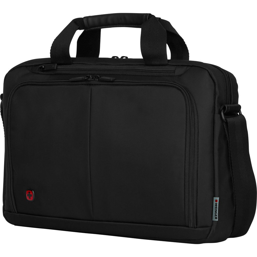 Eine schwarze Wenger Laptoptasche mit Henkeln, Schultergurt und Taschen.