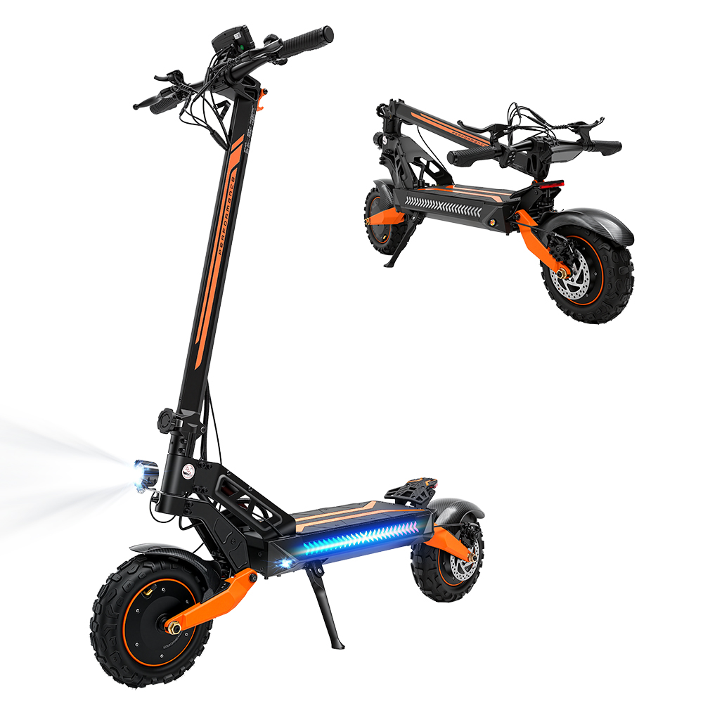 Monopattino elettrico nero con accenti arancioni e luci blu.