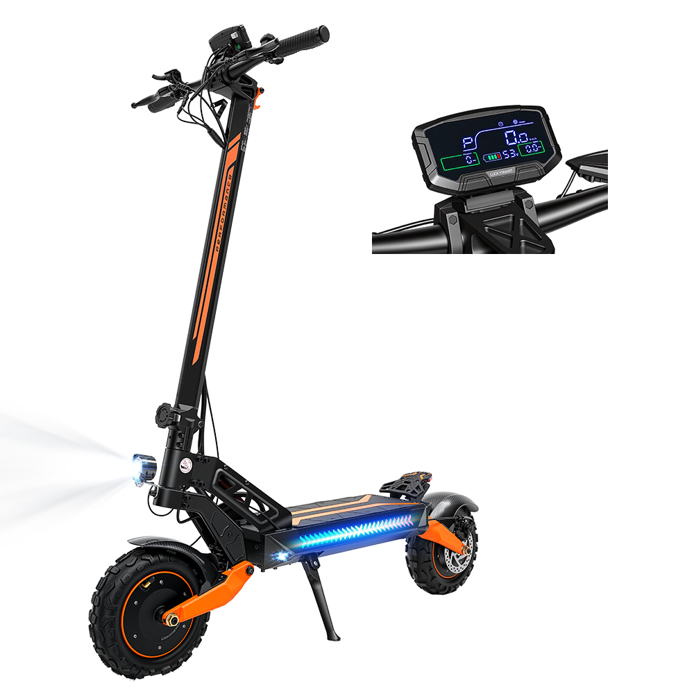Monopattino elettrico nero con accenti arancioni e display.