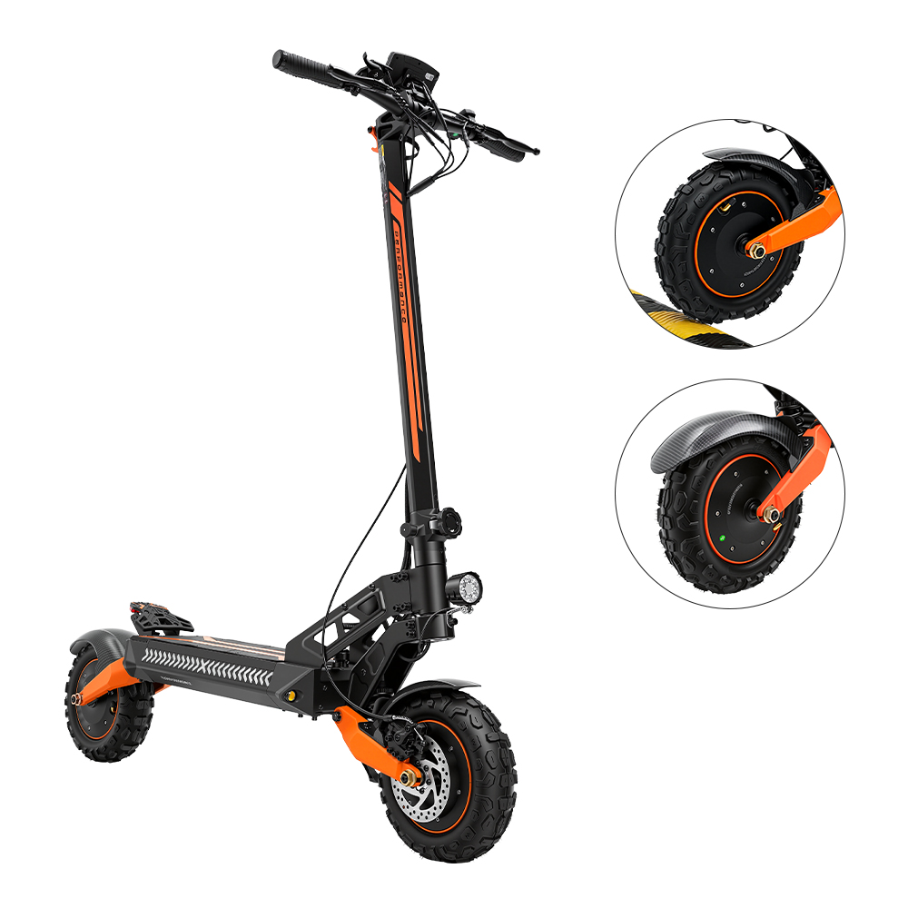 Monopattino elettrico nero con accenti arancioni e ruote grandi.
