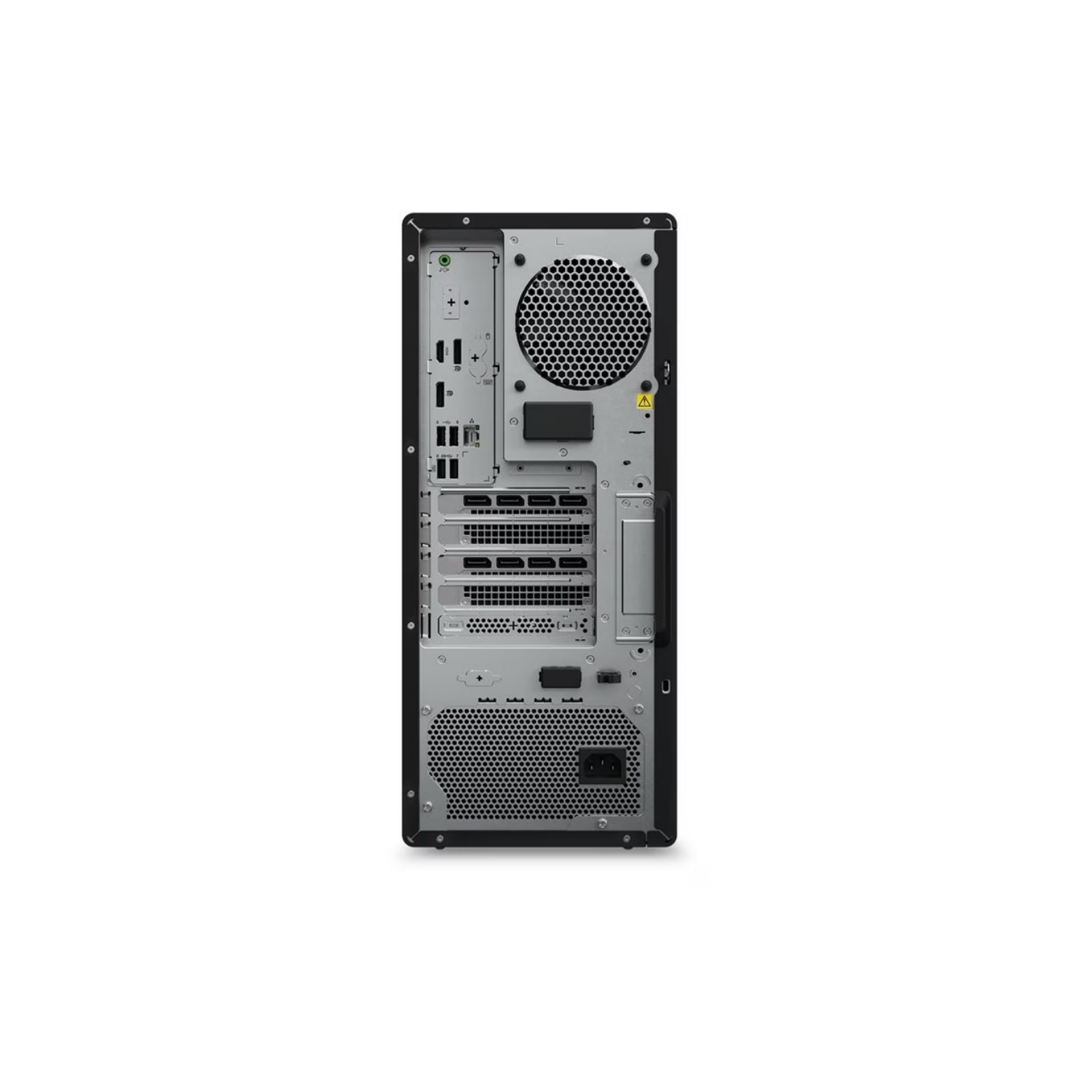 Retro di un PC nero con ventola, porte e alimentatore.