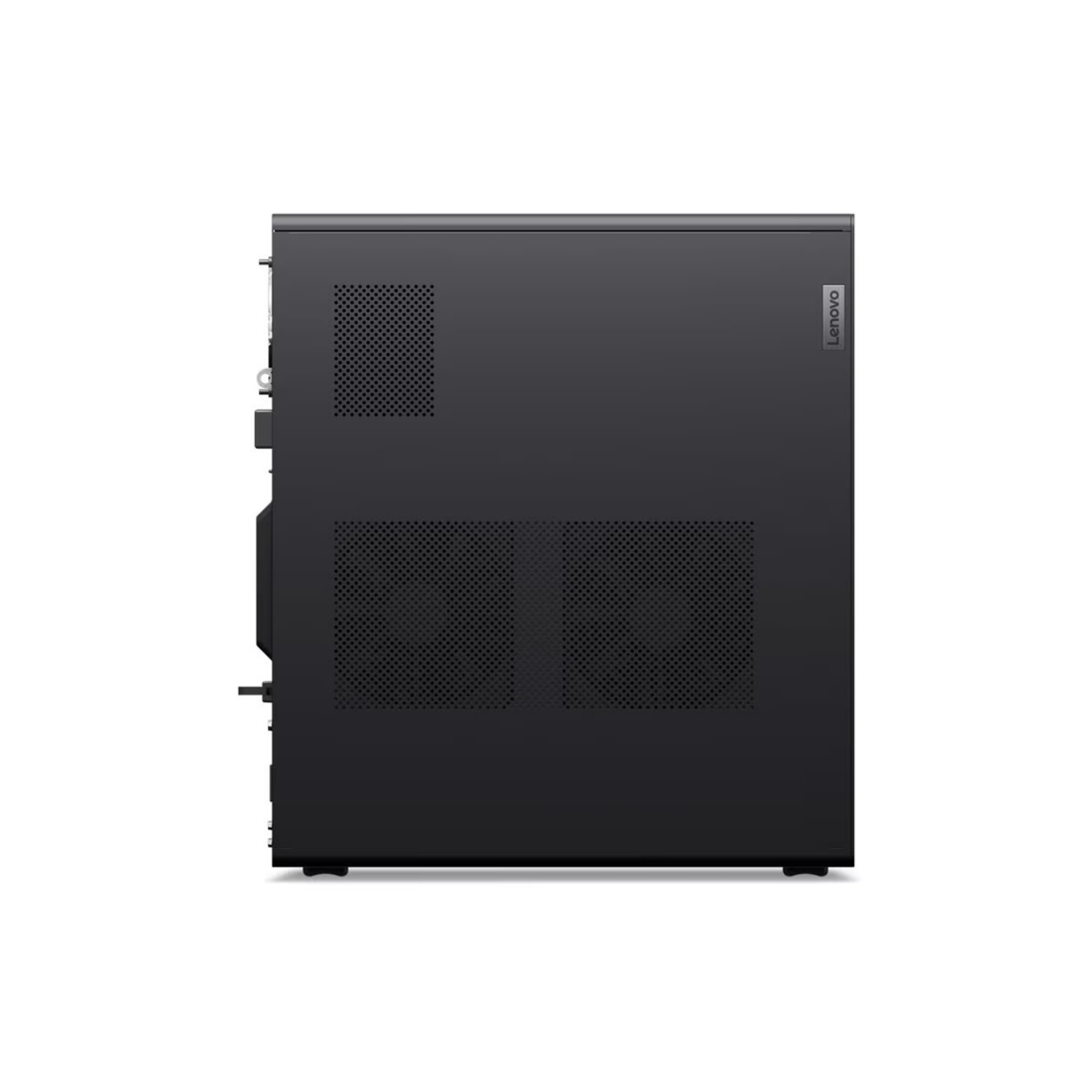 Case desktop Lenovo nero visto di lato con griglie di ventilazione.
