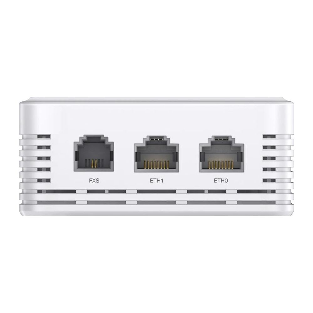 Un dispositivo bianco con tre porte Ethernet: FXS, ETH1 e ETH0.