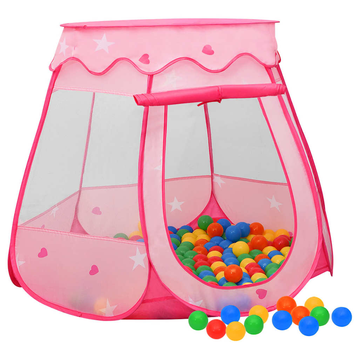 Una tenda da gioco rosa con stelle e cuori, piena di palline colorate.