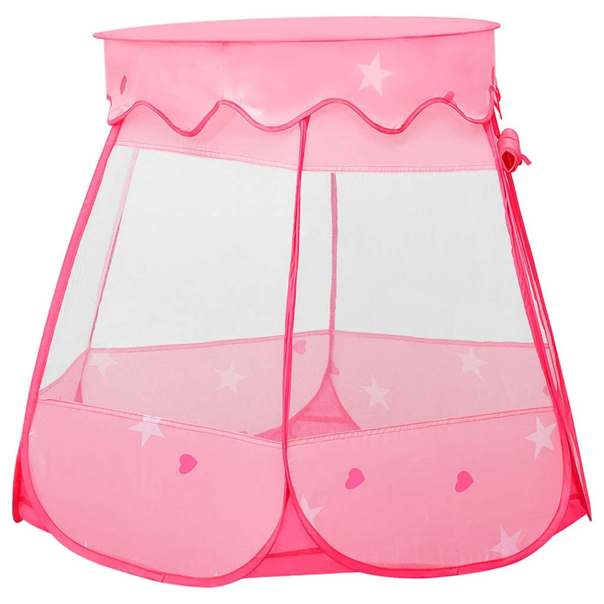 Una tenda da gioco rosa con stelle e cuori, che si apre verso l'alto.