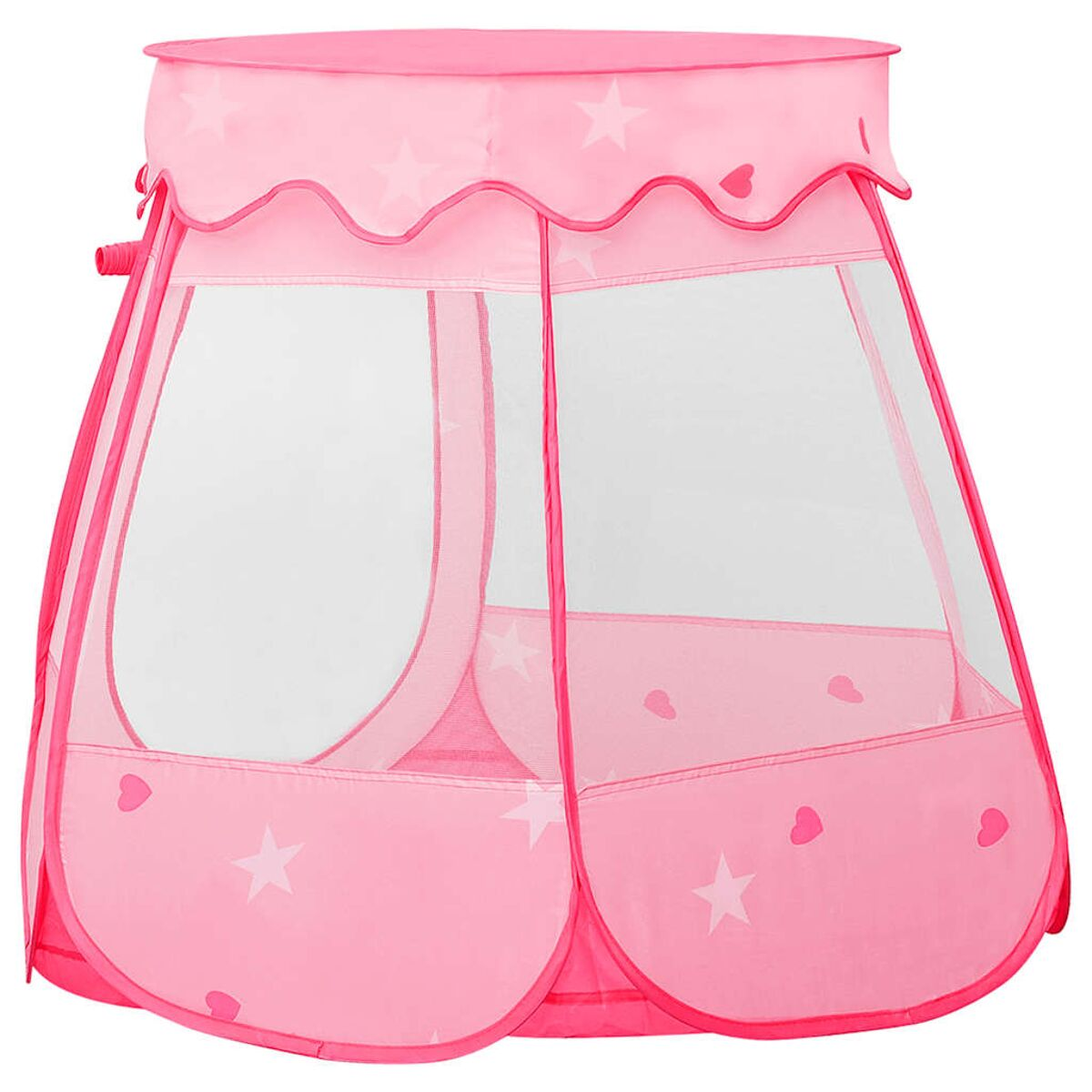 Una tenda da gioco rosa con stampe di stelle e cuori, finestre in rete e bordo smerlato.
