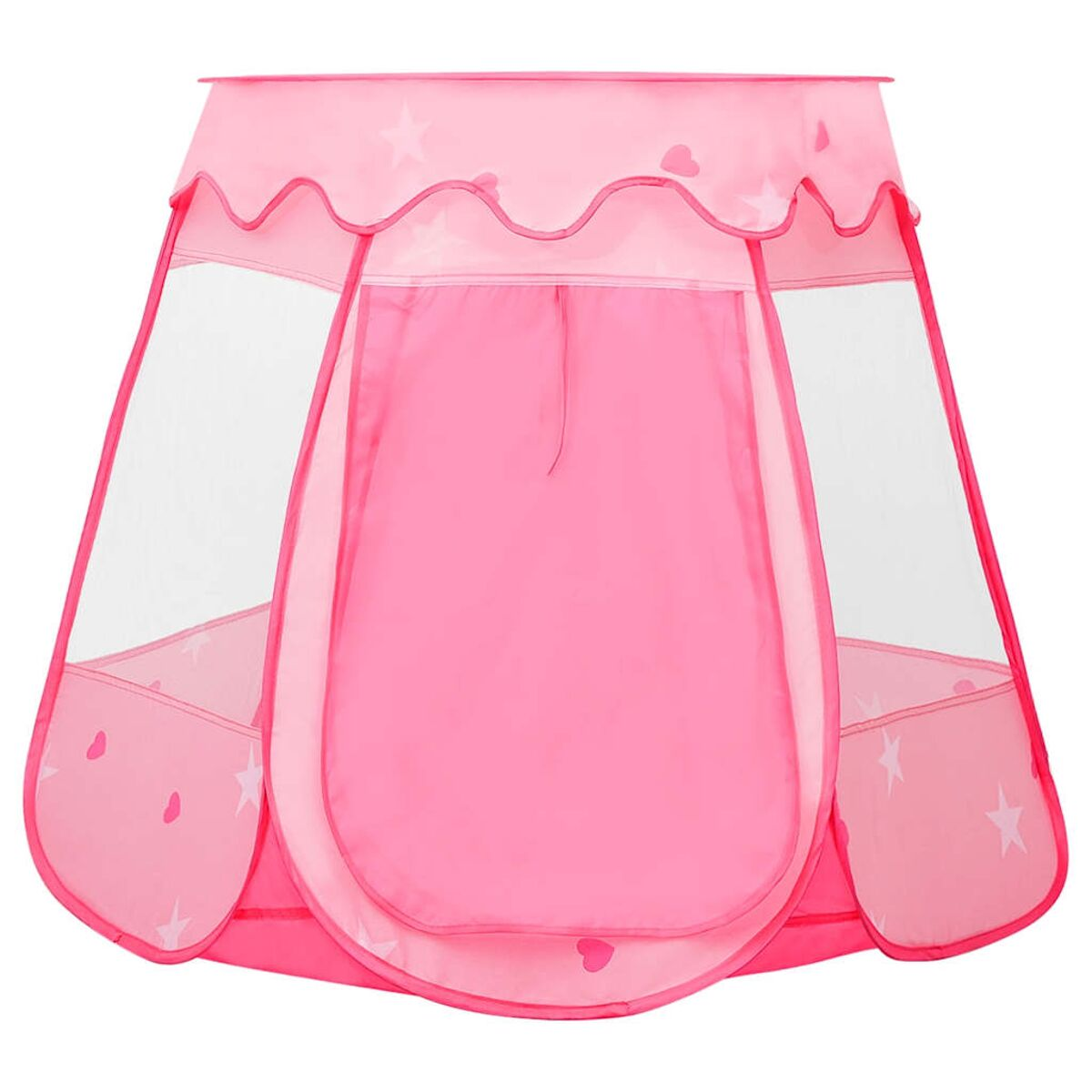 Una tenda da gioco rosa con motivi a stelle e cuori e finestre in rete.