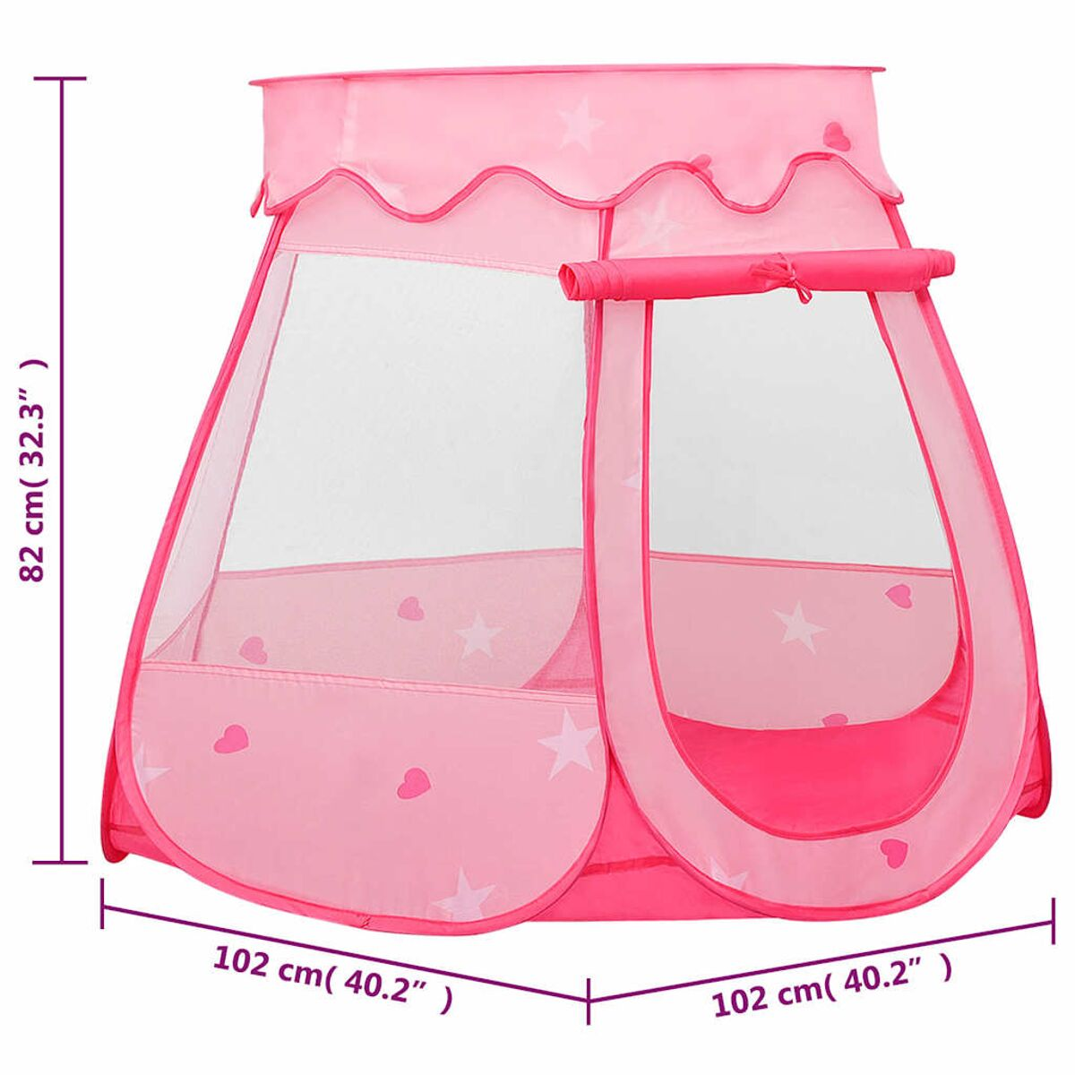 Una tenda da gioco rosa con stelle e cuori. Dimensioni: 82cm altezza, 102cm larghezza.
