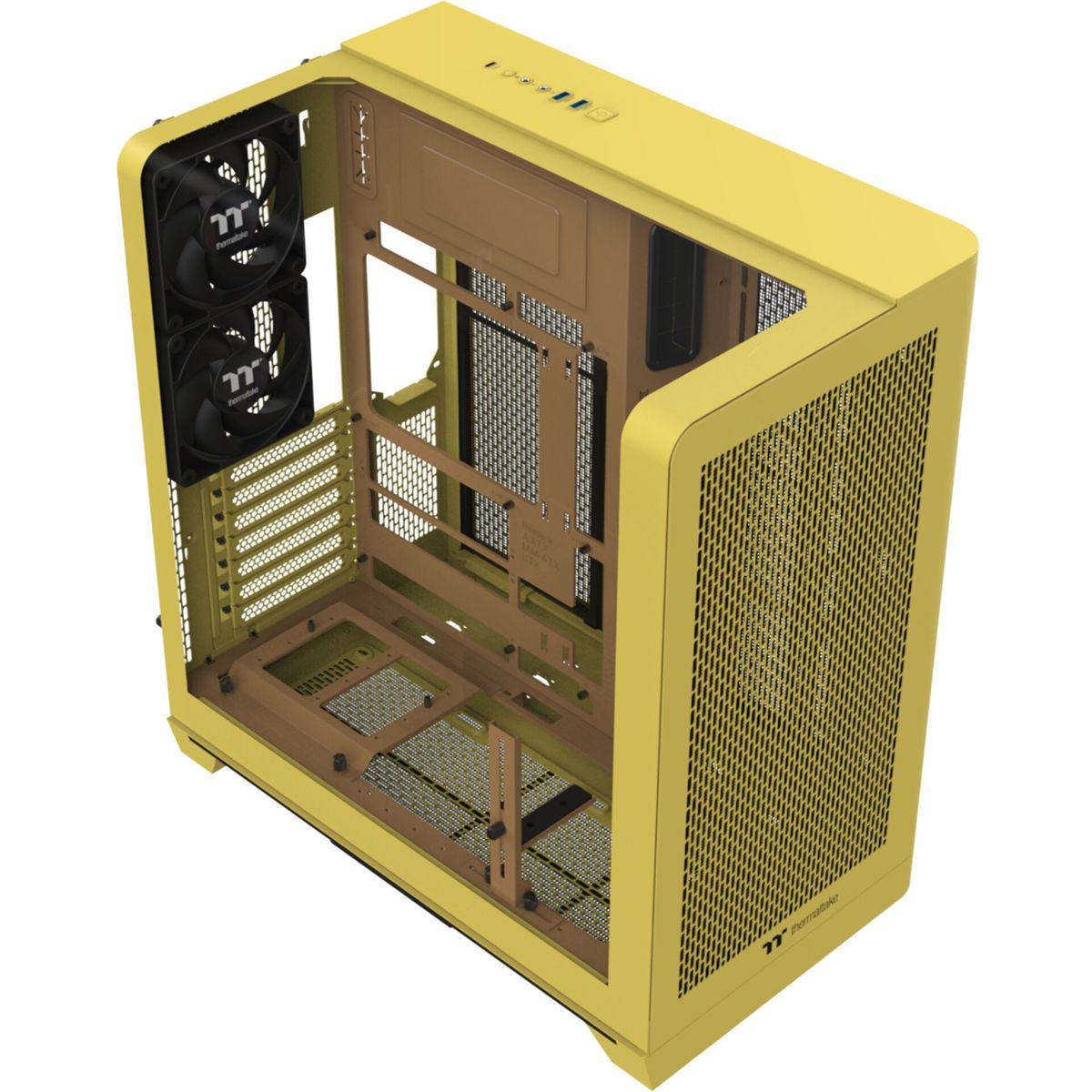 Ein gelbes Computergehäuse mit zwei schwarzen Lüftern vorne und offenem Innenraum.