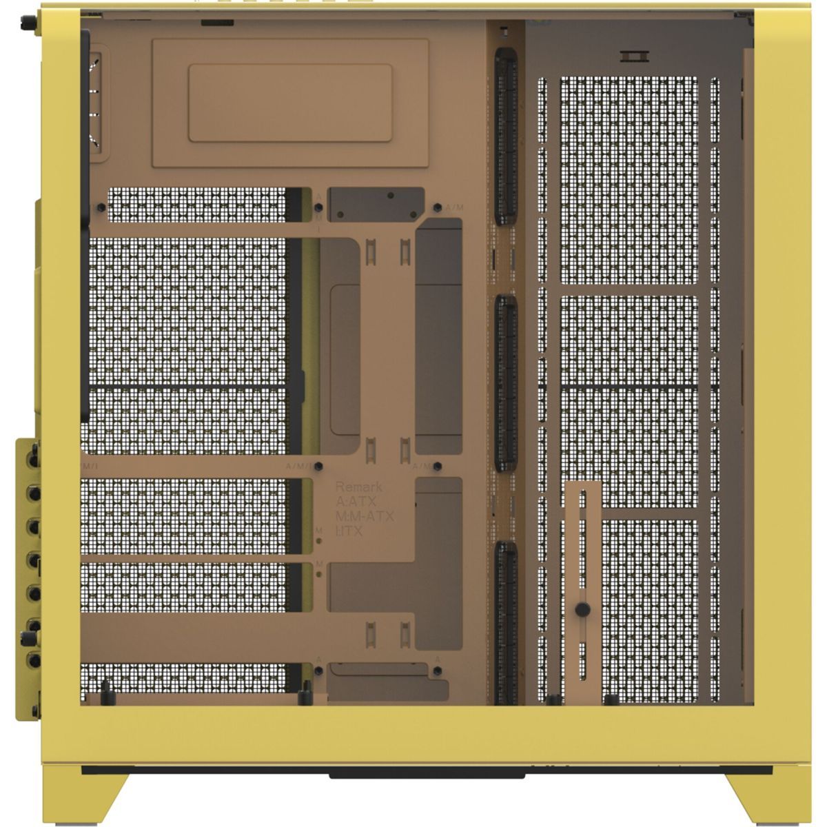Gelbes Computergehäuse mit Mesh-Panels und inneren Montagepunkten.