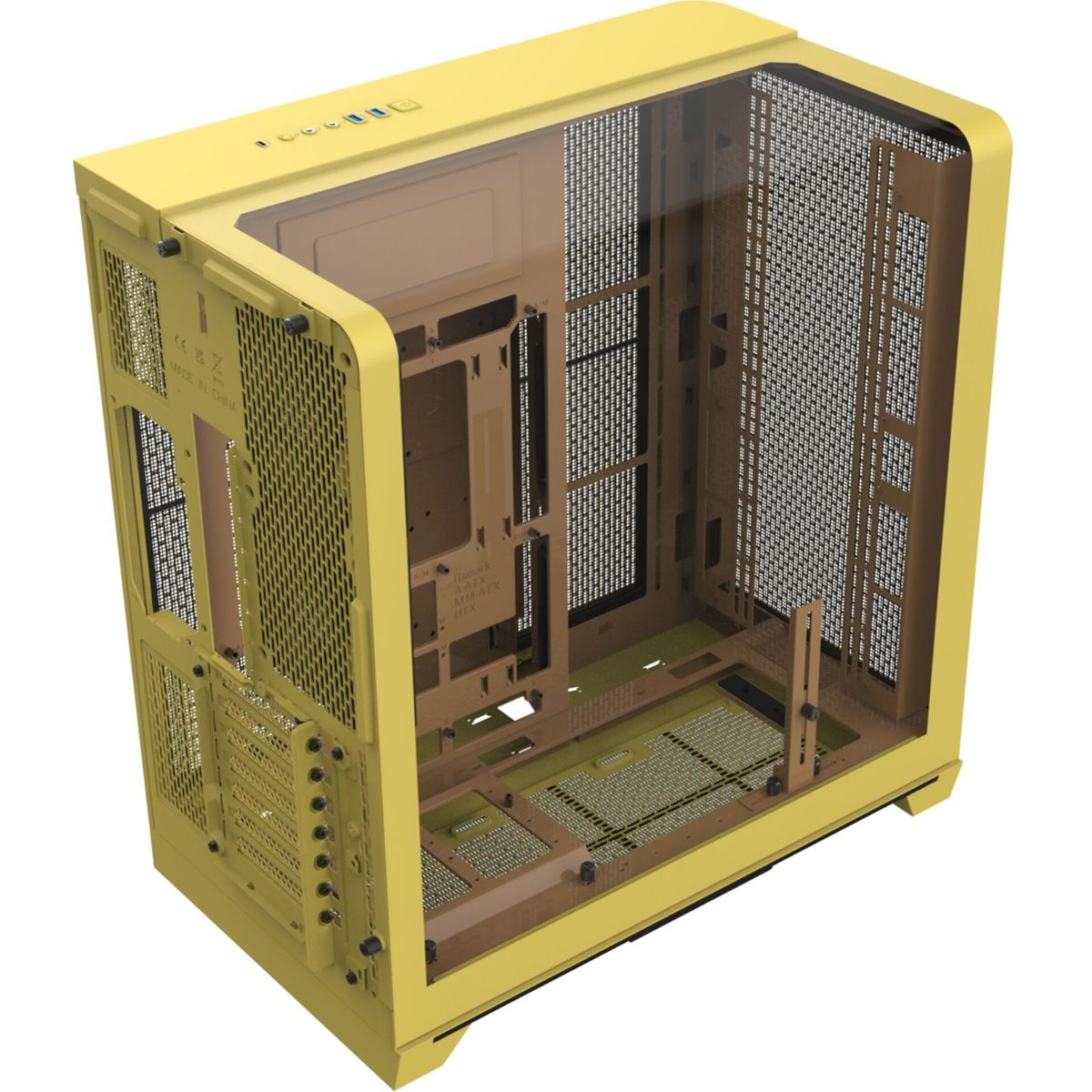 Ein gelber Computergehäuse mit Glasfenster und Lüftungsschlitzen.