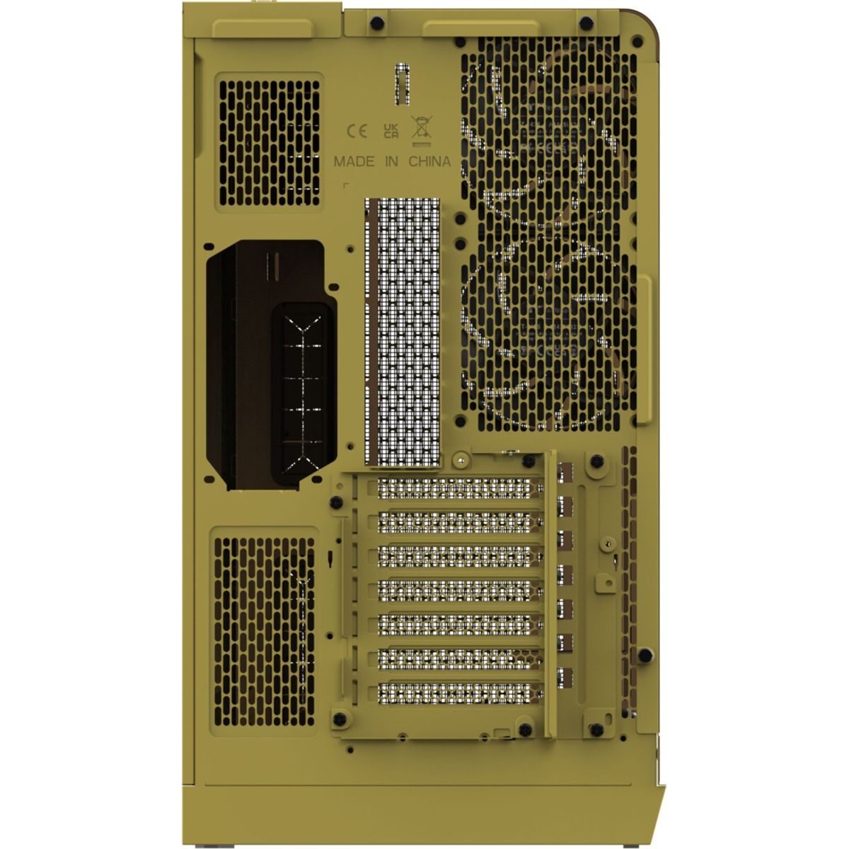 Rückseite eines gelben Computergehäuses mit Lüftergittern und Anschlüssen.