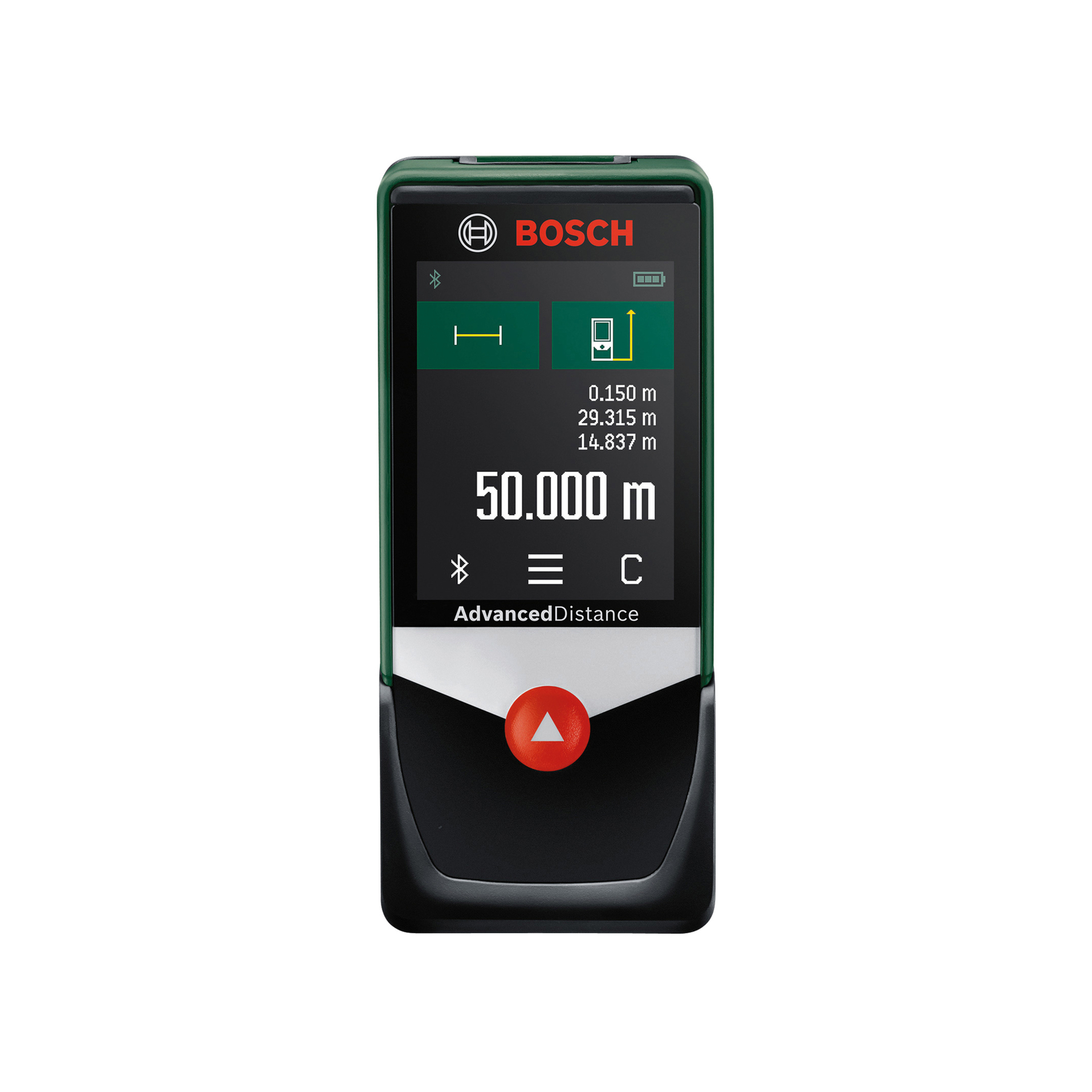 Un télémètre laser Bosch vert affichant 50.000m sur son écran.