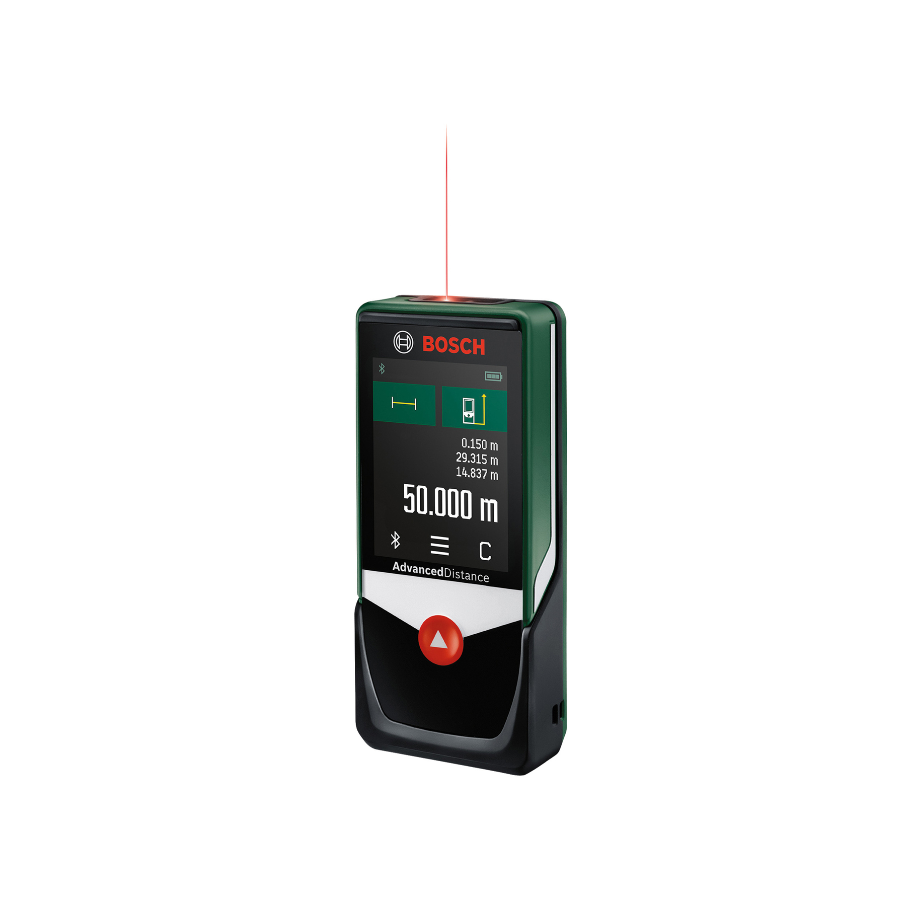 Appareil de mesure laser Bosch vert avec faisceau laser rouge et écran LCD.
