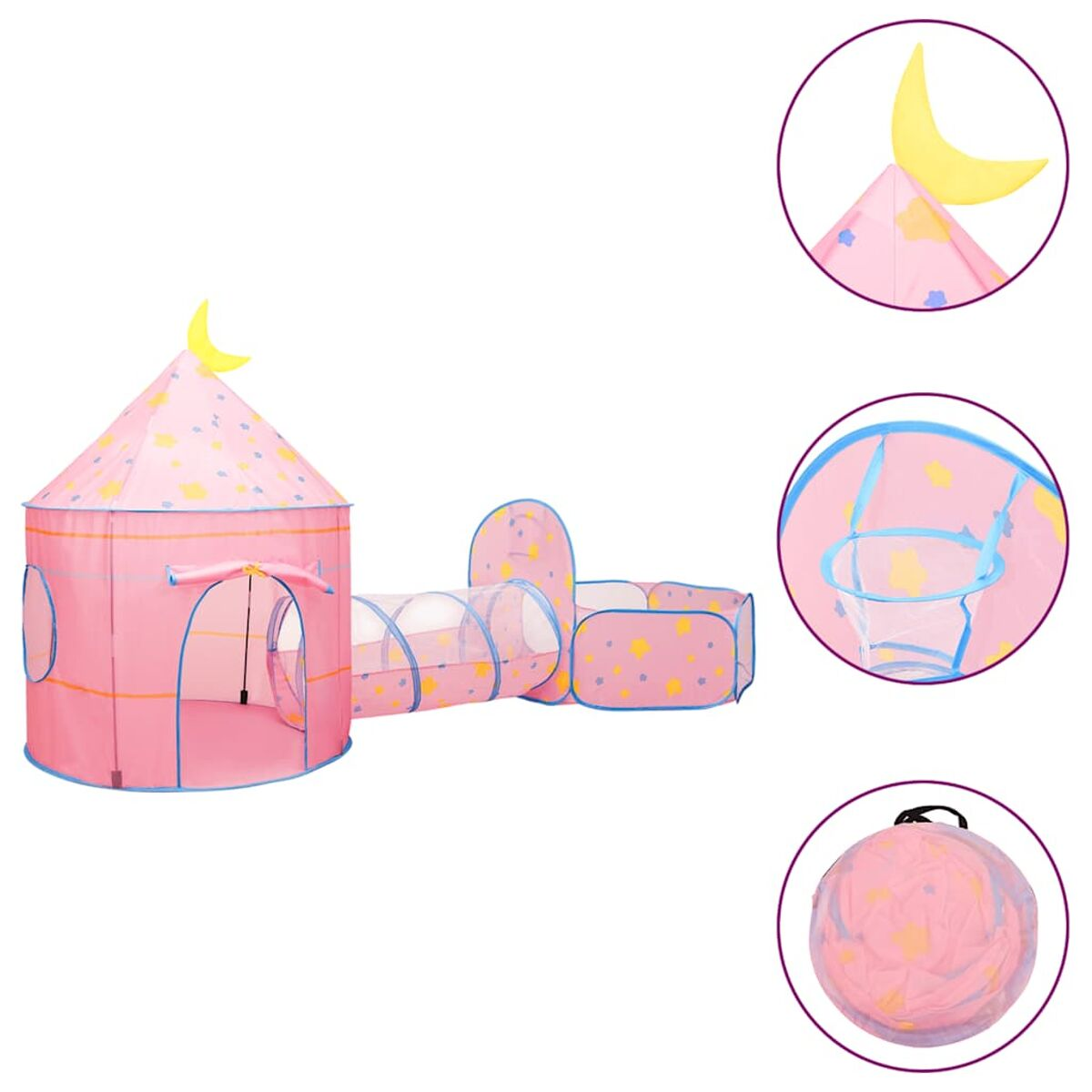 Tenda da gioco rosa a stelle con tunnel e piscina di palline, sormontata da una falce di luna gialla.