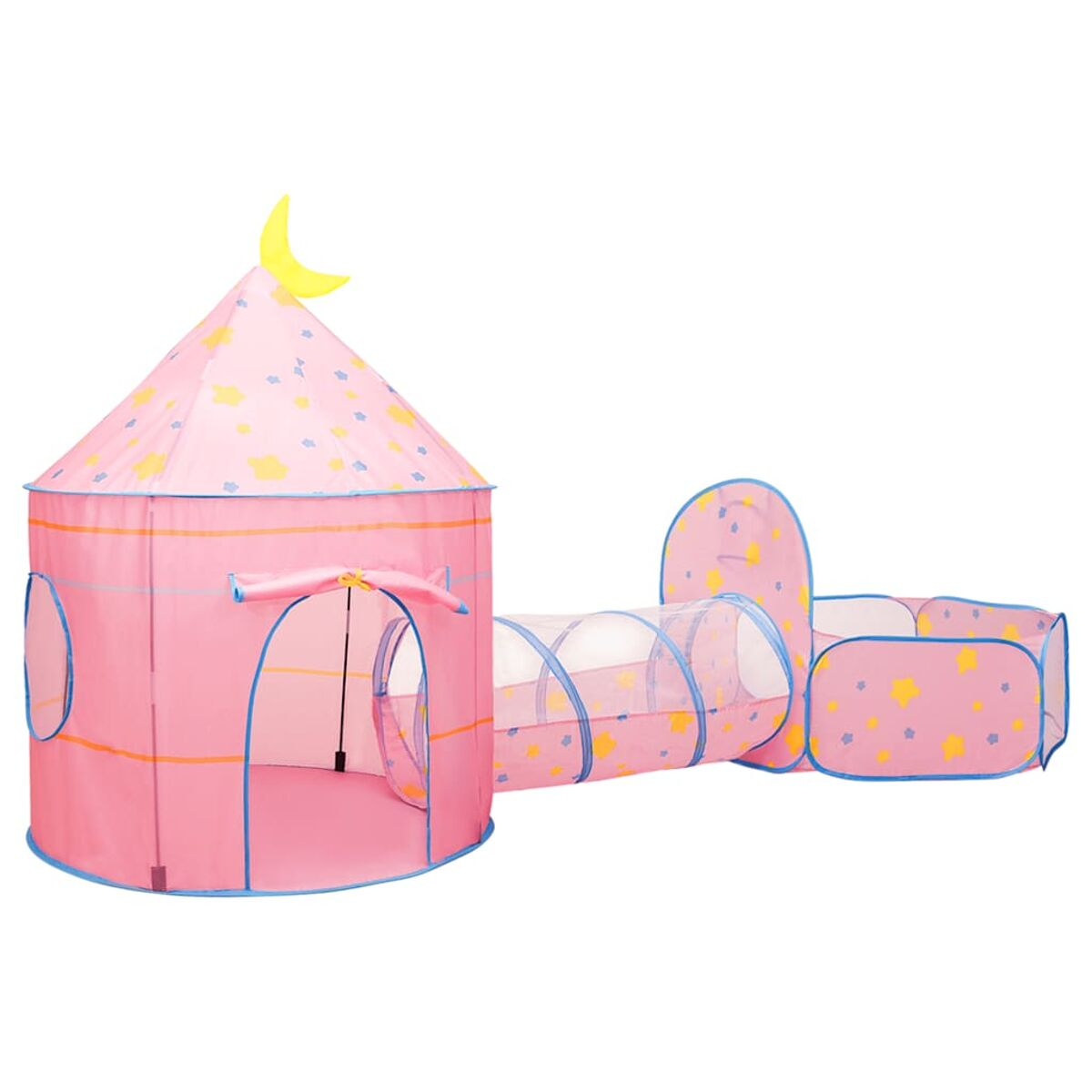 Tenda da gioco rosa con luna e stelle, collegata a tunnel e piscina di palline.