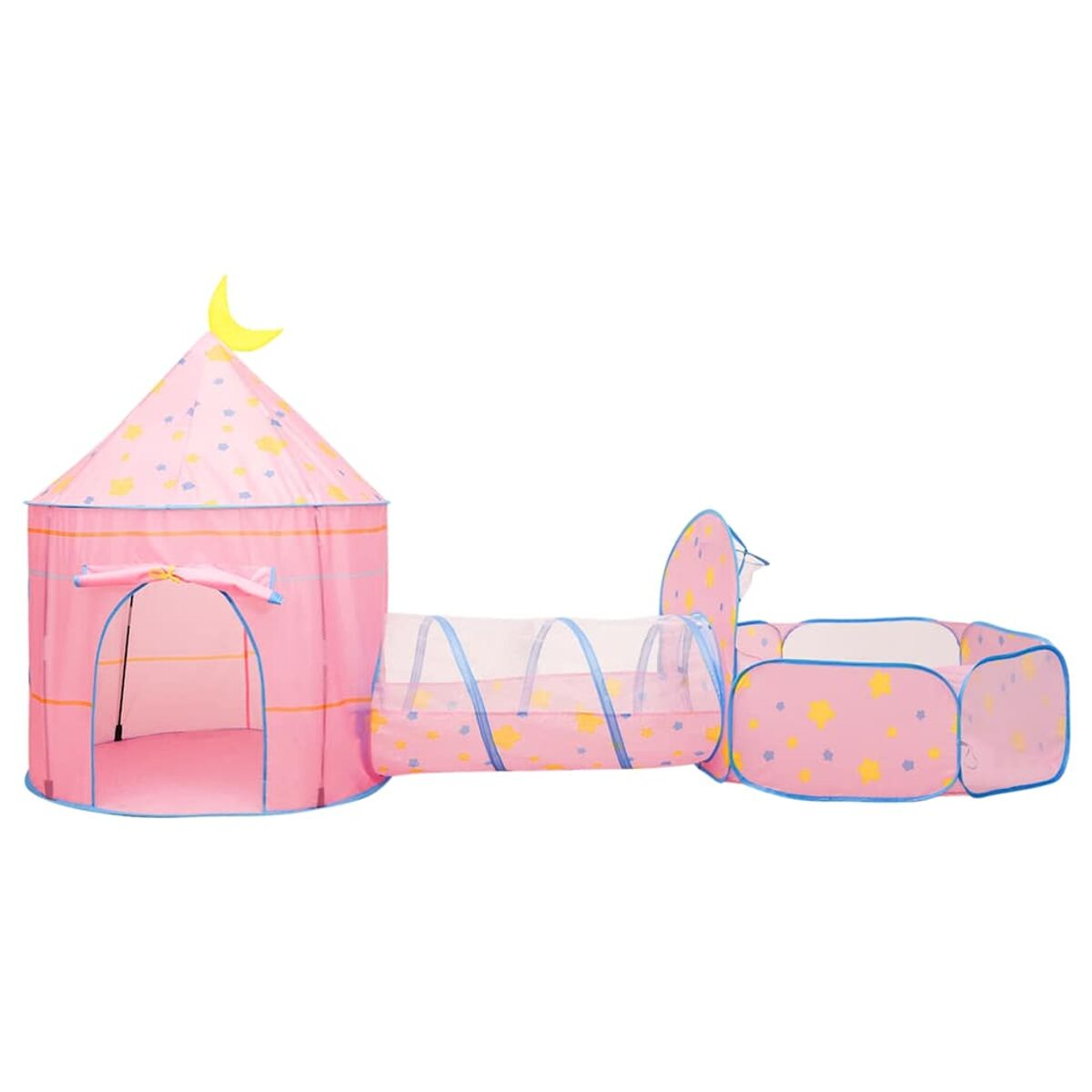 Tenda da gioco rosa con luna, tunnel e piscina di palline, decorata con stelle.