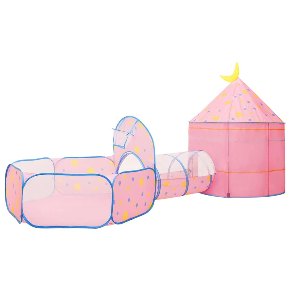 Una tenda gioco rosa con luna e stelle, collegata a un tunnel e una piscina di palline.