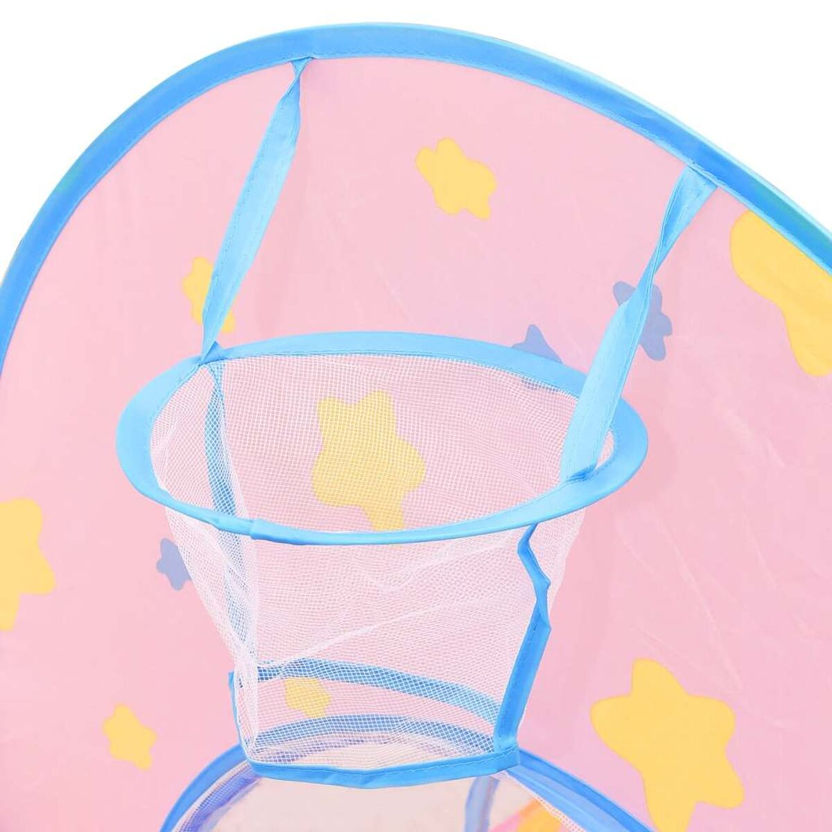 Un canestro da basket giocattolo rosa con stelle gialle e rete.