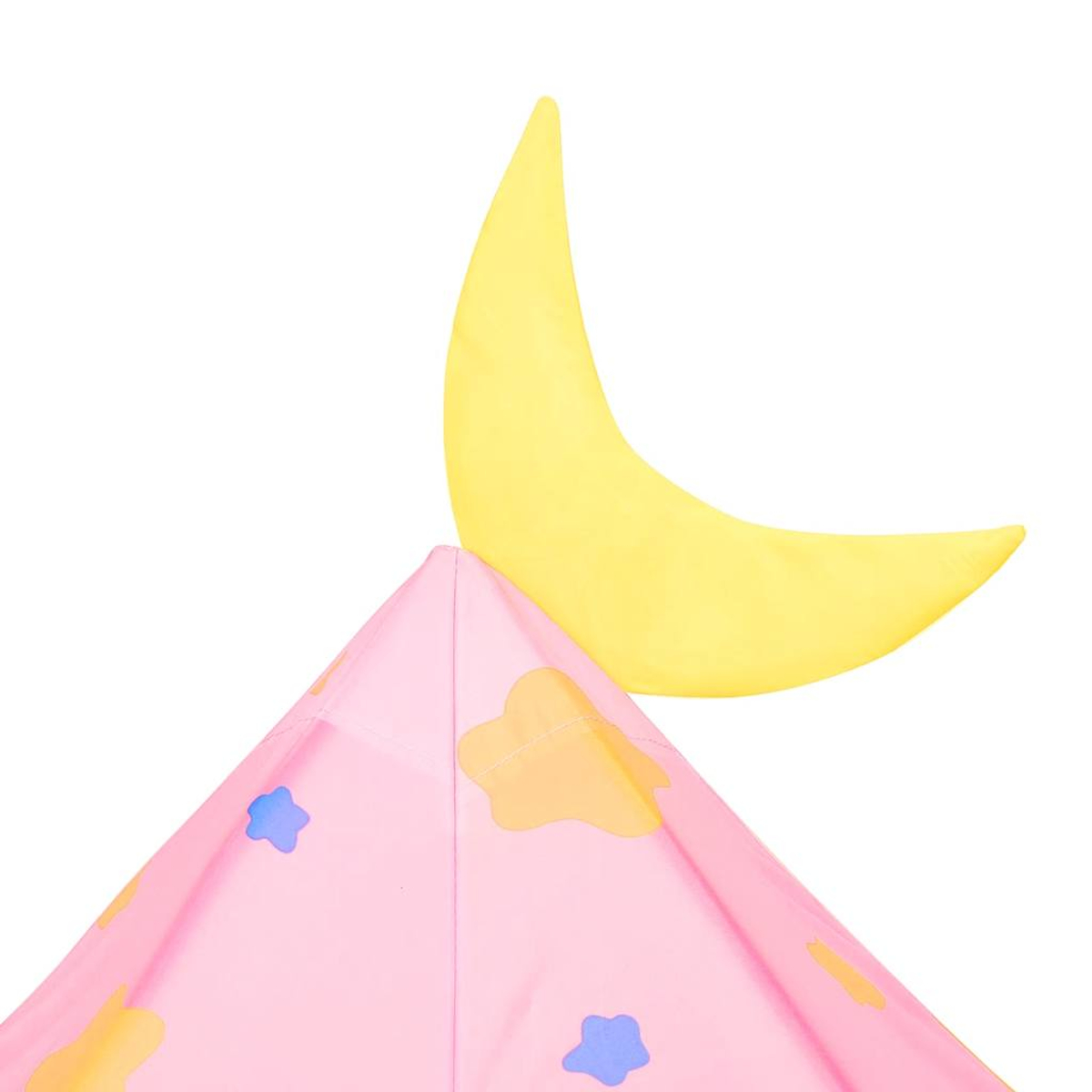 Una tenda rosa con stelle e una luna gialla in cima.