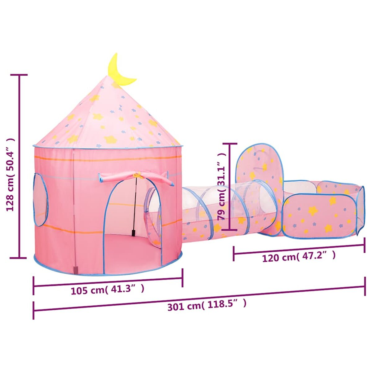 Una tenda principessa rosa con tunnel e piscina di palline, adornata con stelle gialle.