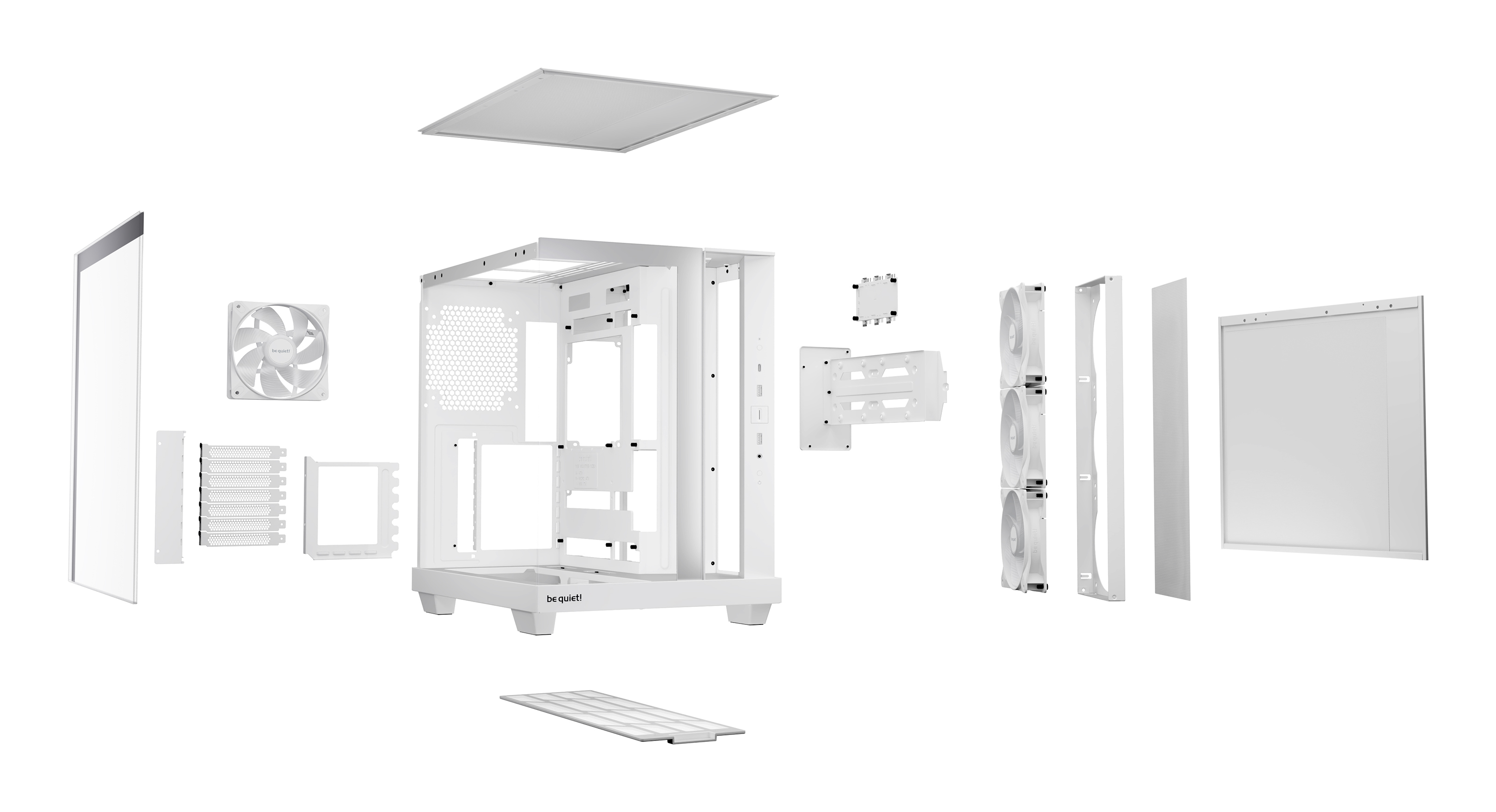 Weiße PC-Gehäuseteile, Lüfter, Kabel und ein zerlegtes Gehäuse.