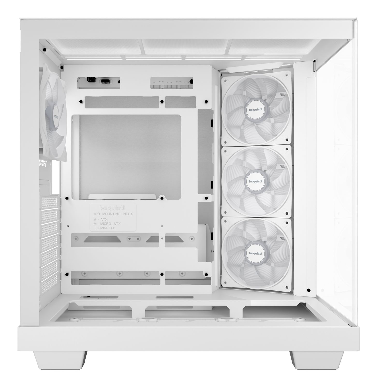 Ein weißes Computergehäuse mit Lüftern und Anschlüssen im Inneren.
