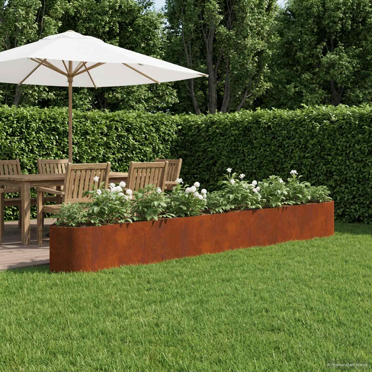 Rostiger Pflanzkasten mit weißen Blumen neben Holzmöbeln unter Sonnenschirm.