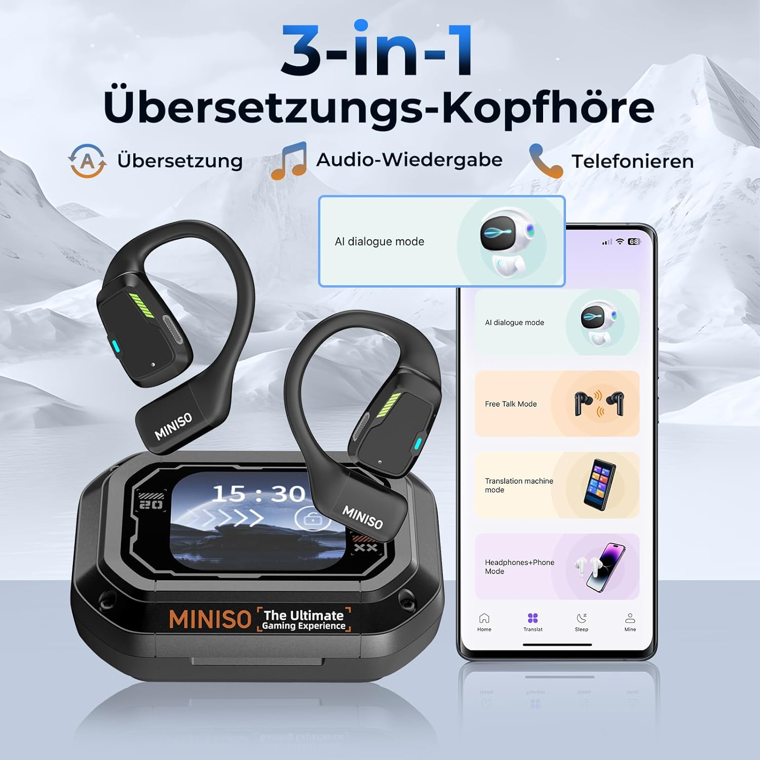 3-in-1 Übersetzungs-Kopfhörer mit Ladecase und Smartphone-App.