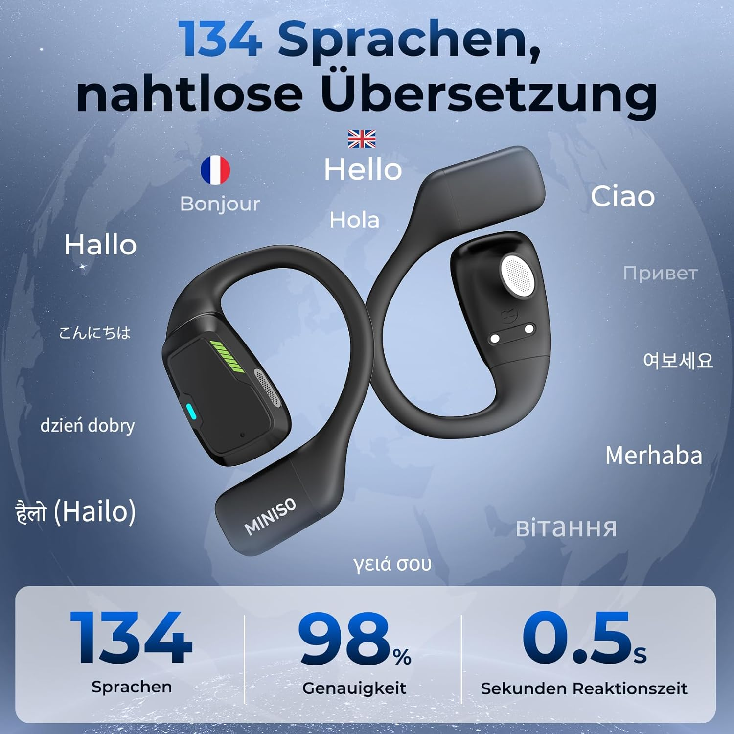 Zwei schwarze Kopfhörer mit Text in 134 Sprachen. Unten: 134 Sprachen, 98% Genauigkeit, 0.5s Reaktionszeit.