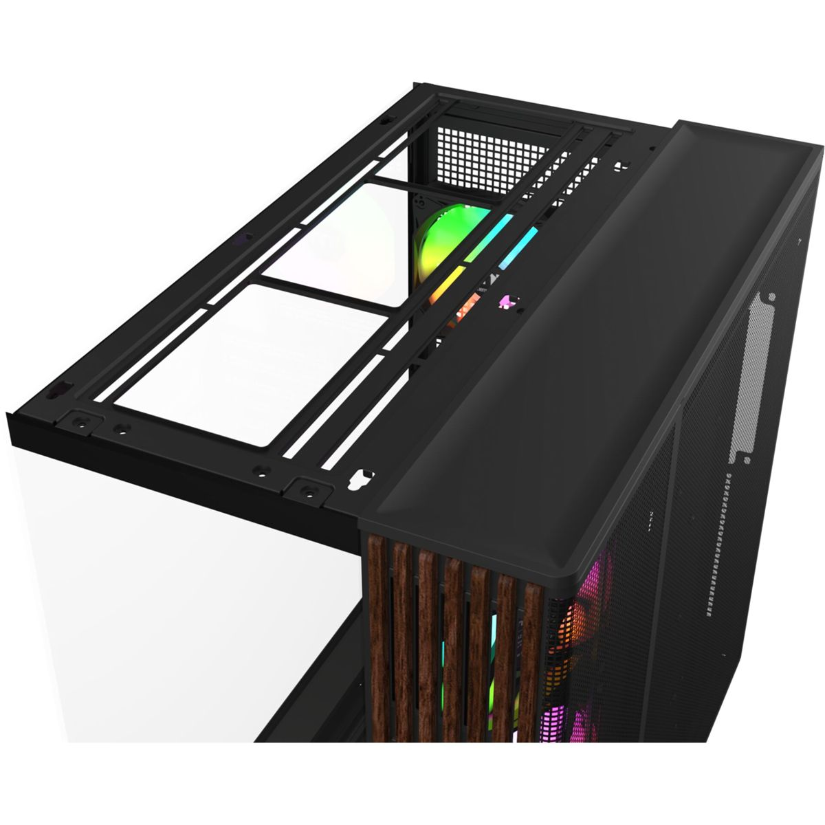 Ahşap vurgulu siyah bilgisayar kasası ve içinde görünen RGB fanlar.