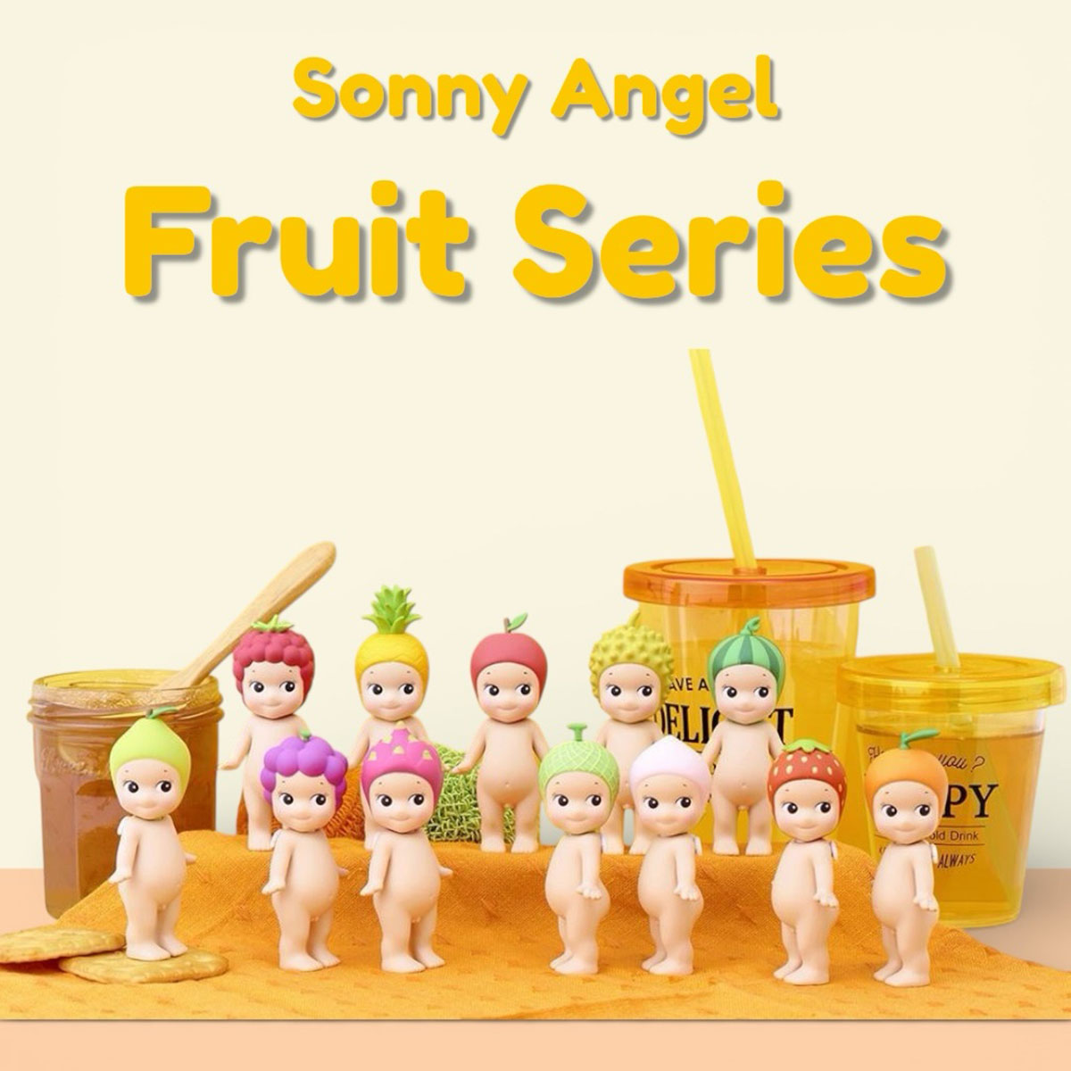 Sonny Angel Fruit Series Puppen mit Frucht-Hüten, Marmeladenglas und Getränken.