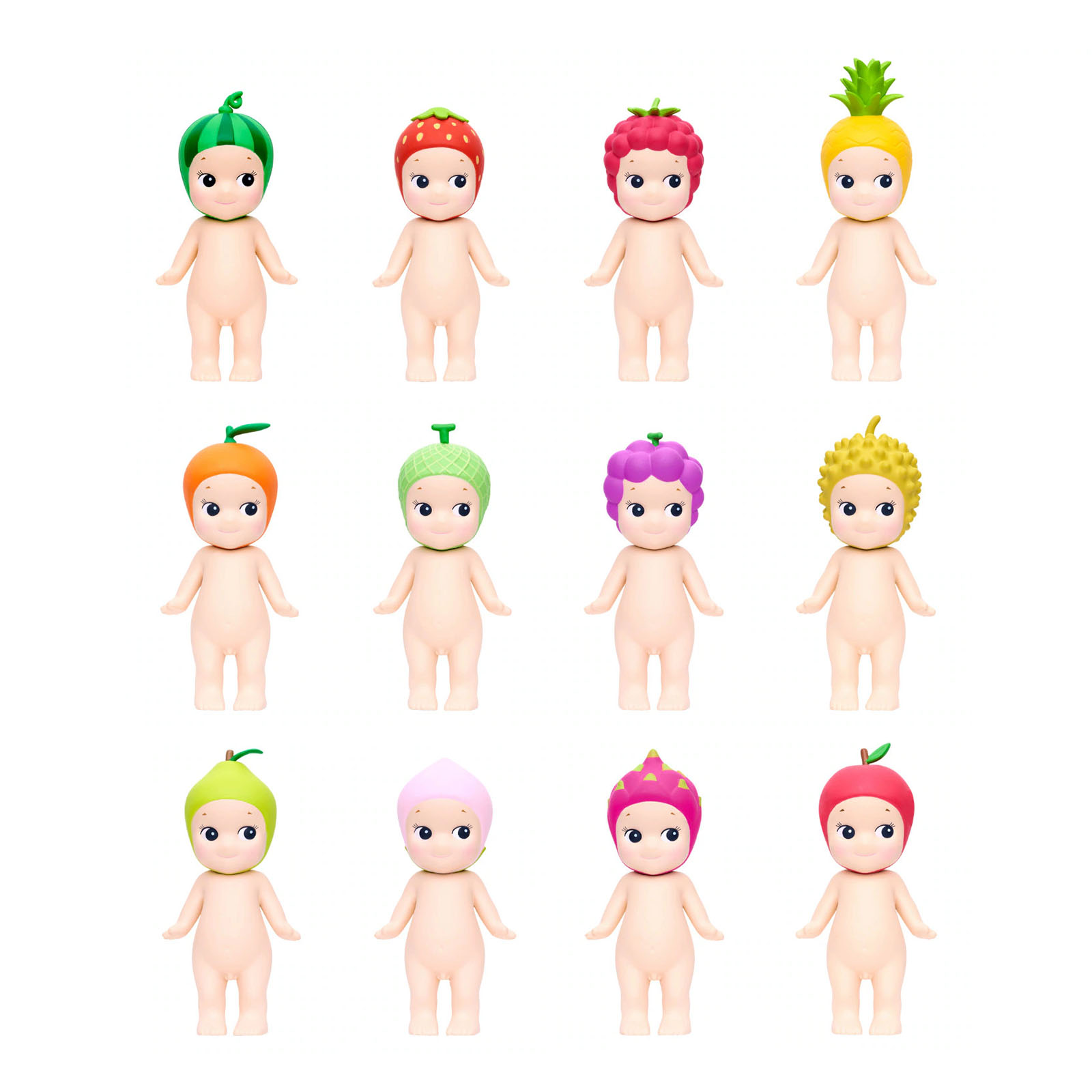 Zwölf kleine Figuren mit Fruchtkappen: Wassermelone, Erdbeere, Himbeere, Ananas, Orange, Kiwi, Traube, Durian, Birne, Pfirsich, Drachenfrucht, Apfel.