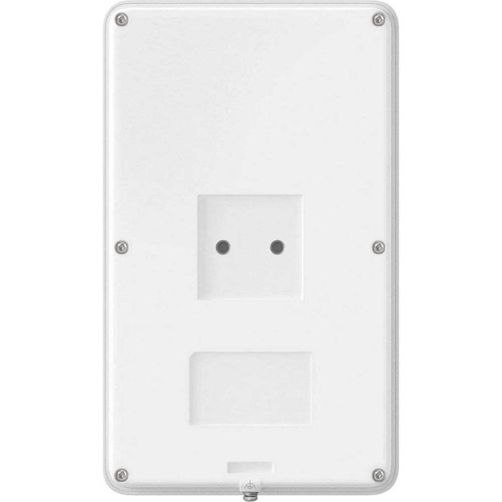 Dos d'un appareil rectangulaire blanc avec des vis et deux points.