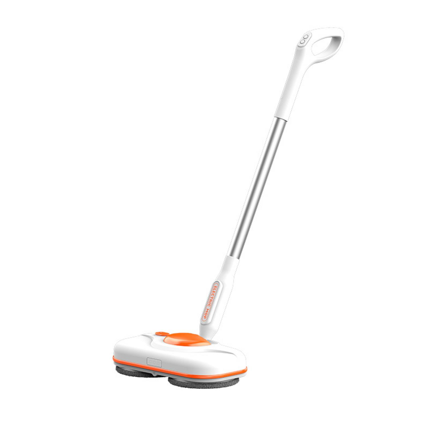 Weißer Elektrischer Wischmopp mit orangen Akzenten und rotierenden Bürsten.
