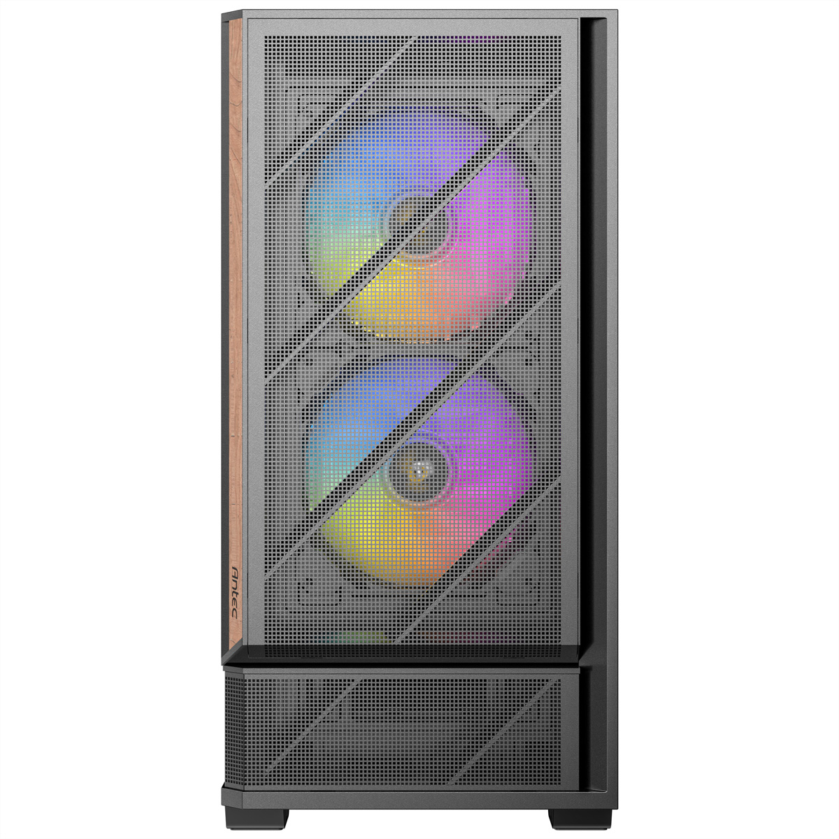 Una torre de computadora oscura con dos ventiladores RGB y un acento de madera a la izquierda.