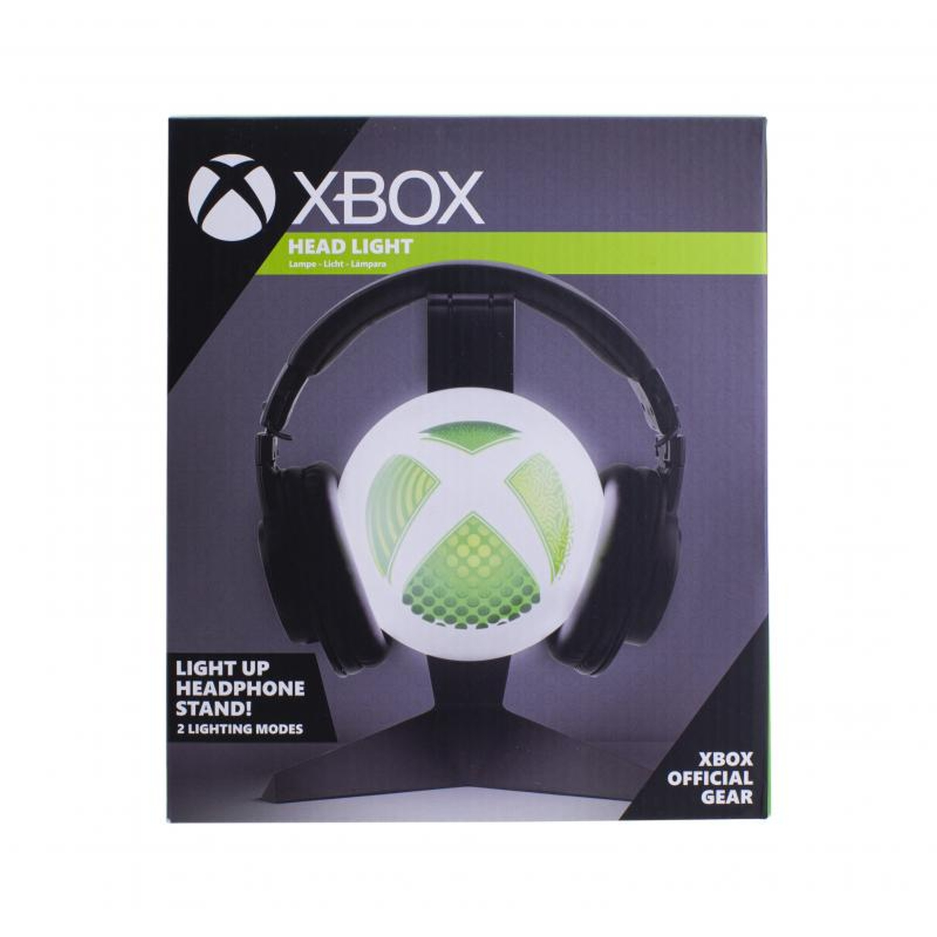 Stojak na słuchawki Xbox z podświetlanym logo Xbox i czarnymi słuchawkami.