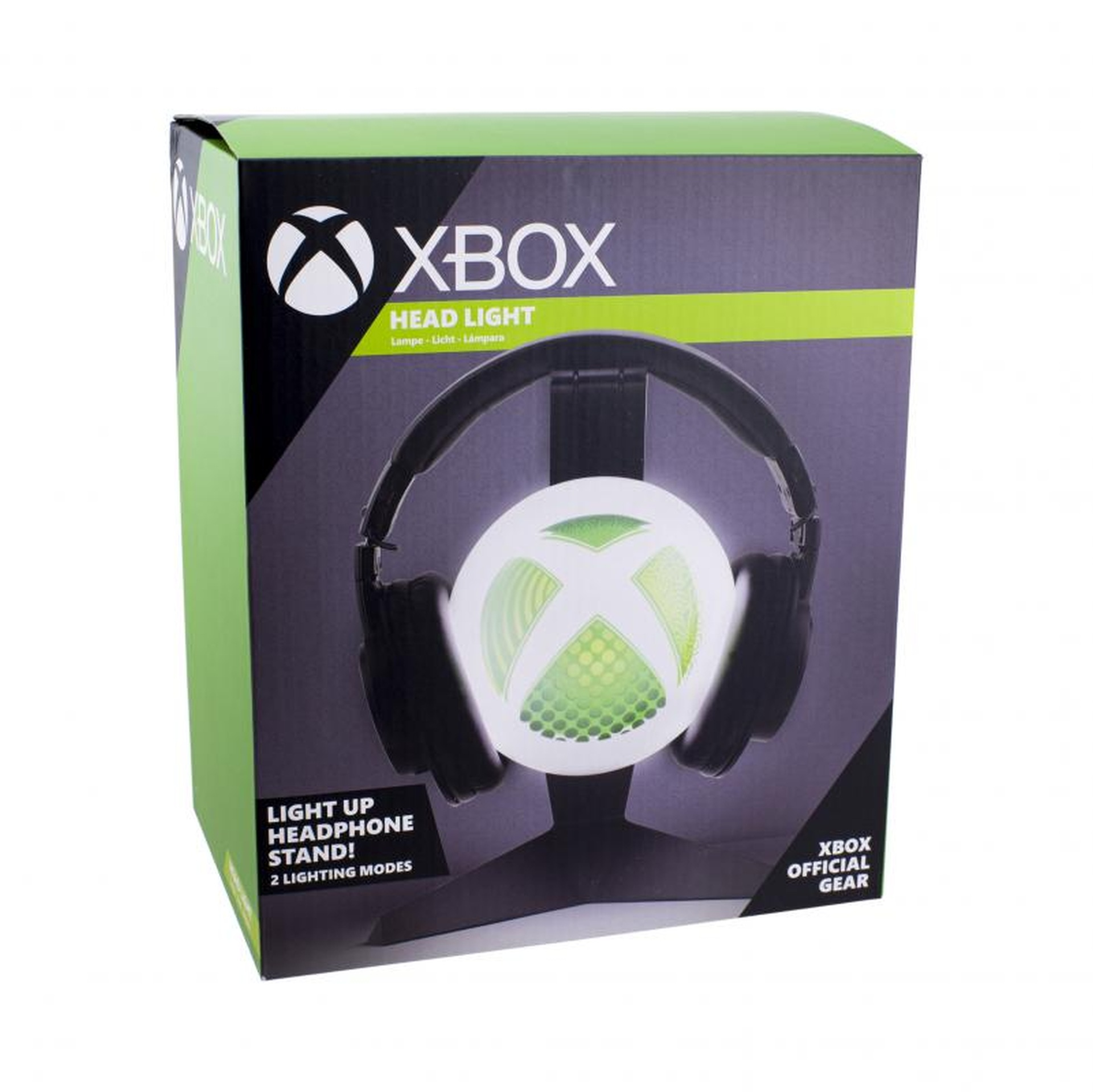 Stojak na słuchawki Xbox Headlight na opakowaniu, ze świecącym logo Xbox.